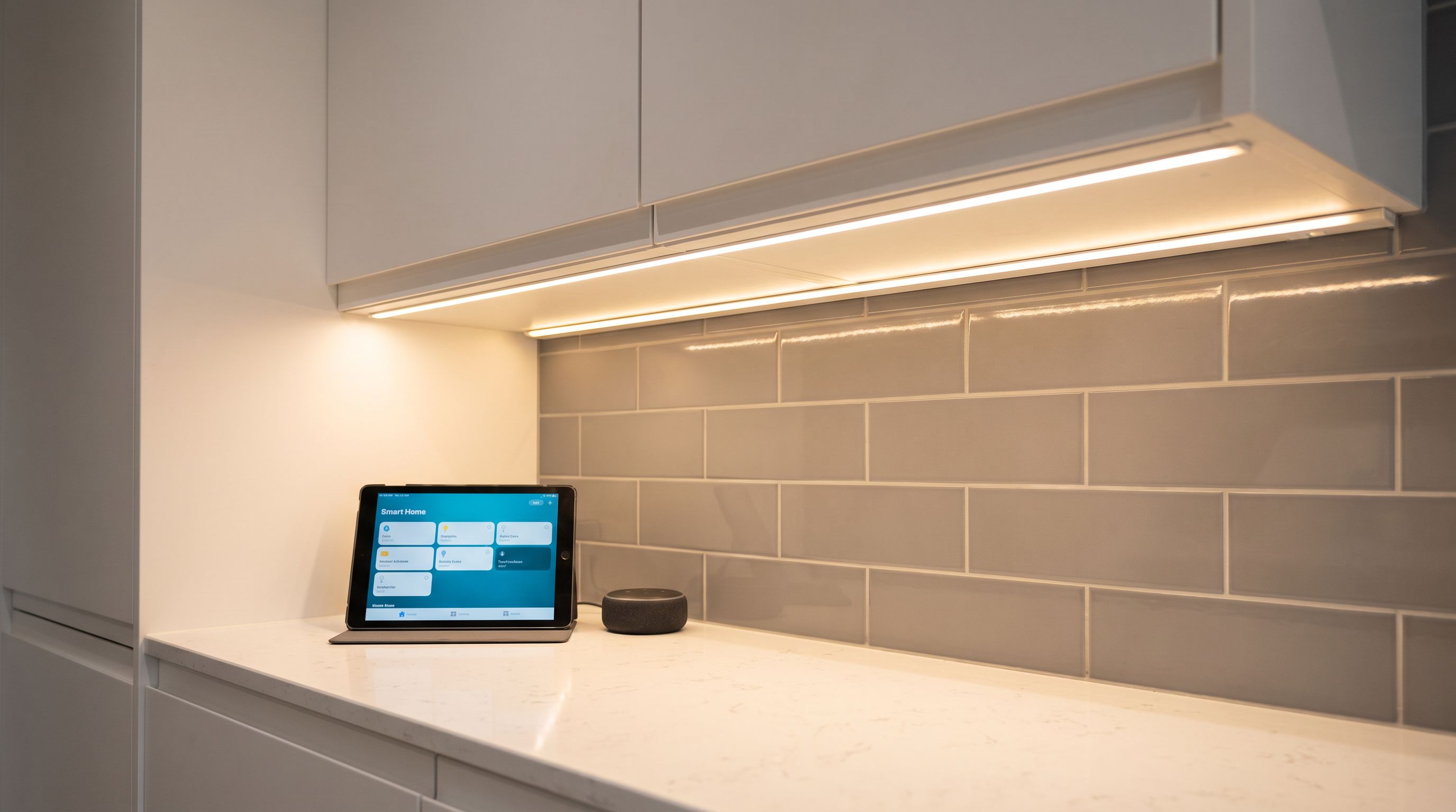 Warm white LED strip lighting glowing beneath kitchen wall cabinets, illuminating a countertop and backsplash