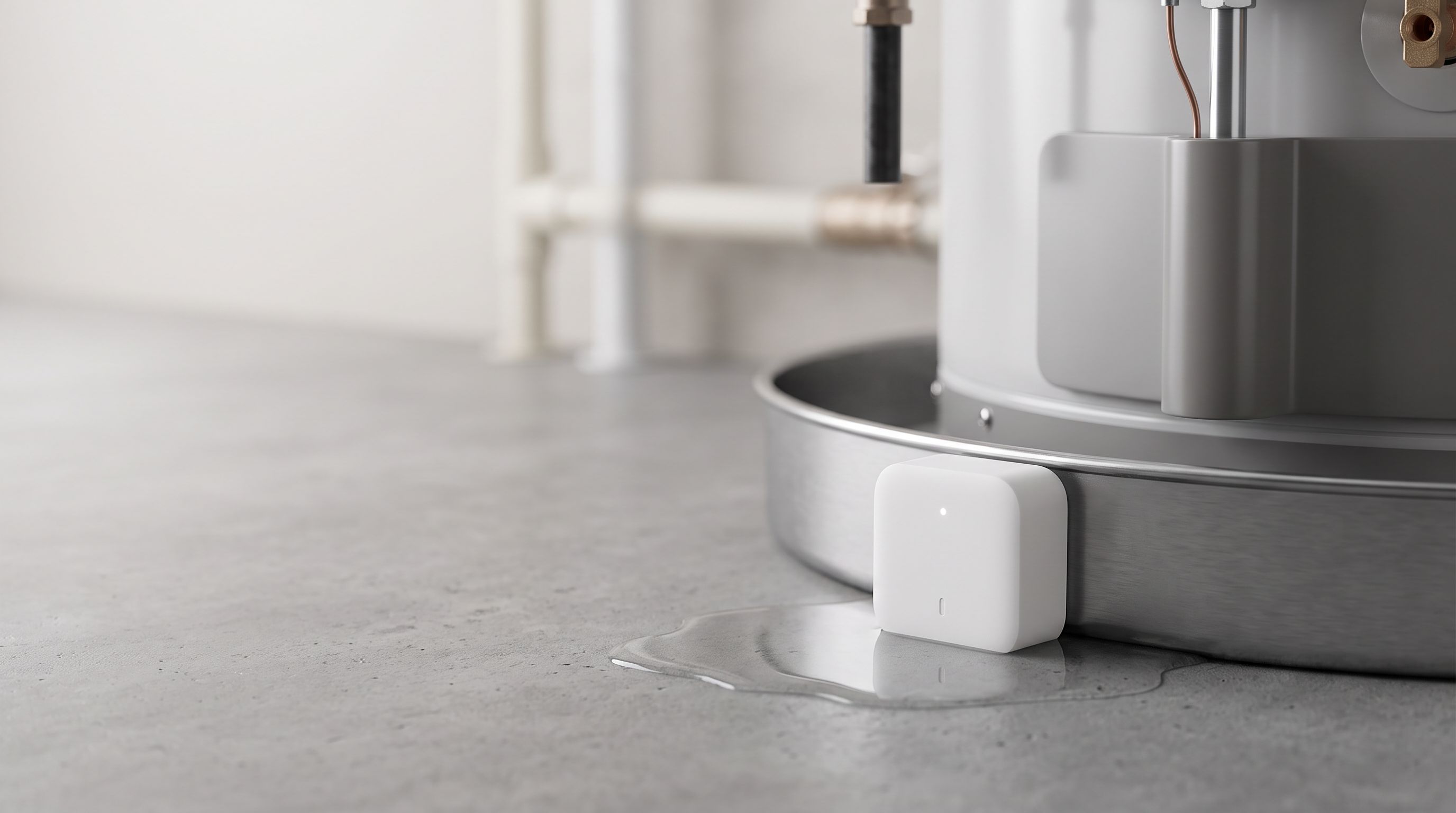 A small white smart water leak sensor placed on a basement floor next to a water heater drain pan, with a puddle forming nearby