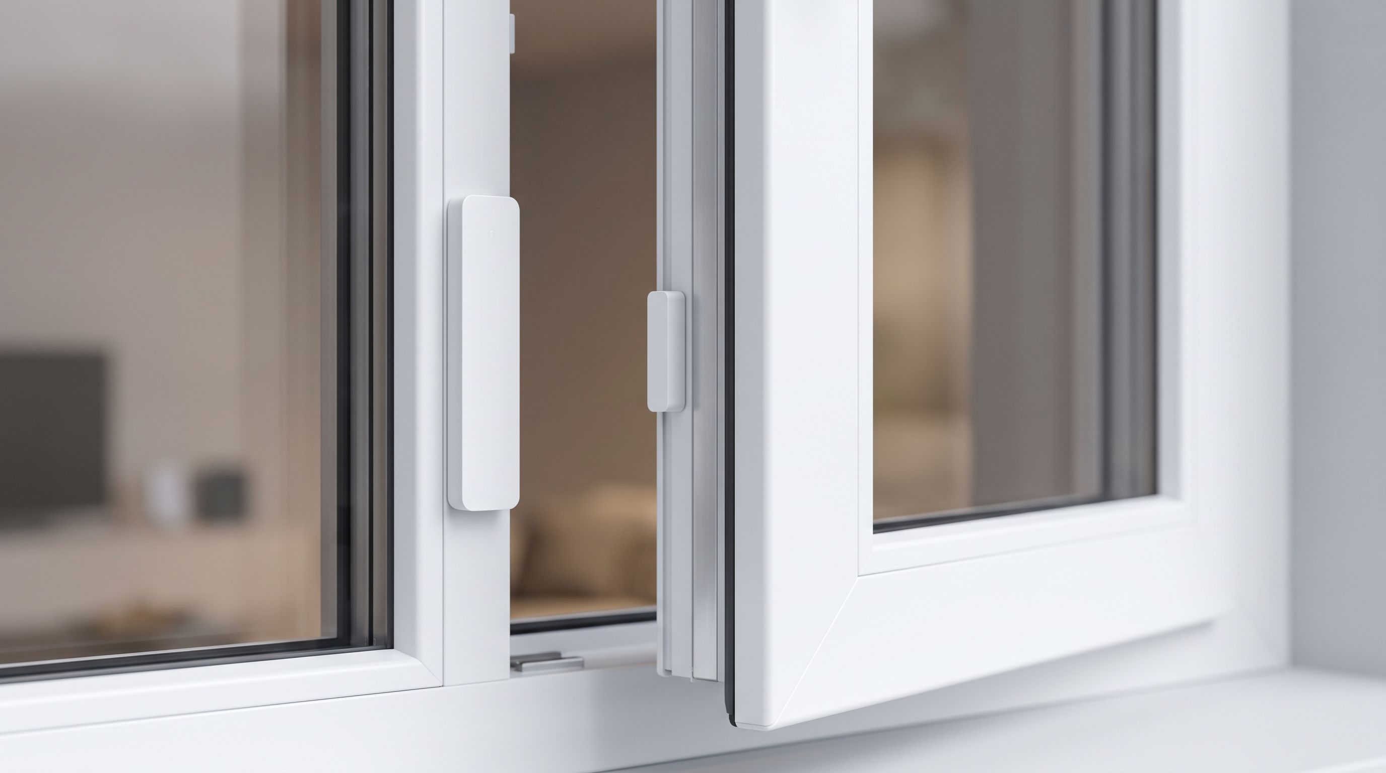 A slim white magnetic contact sensor mounted on the frame of a white window, with the matching magnet on the sash