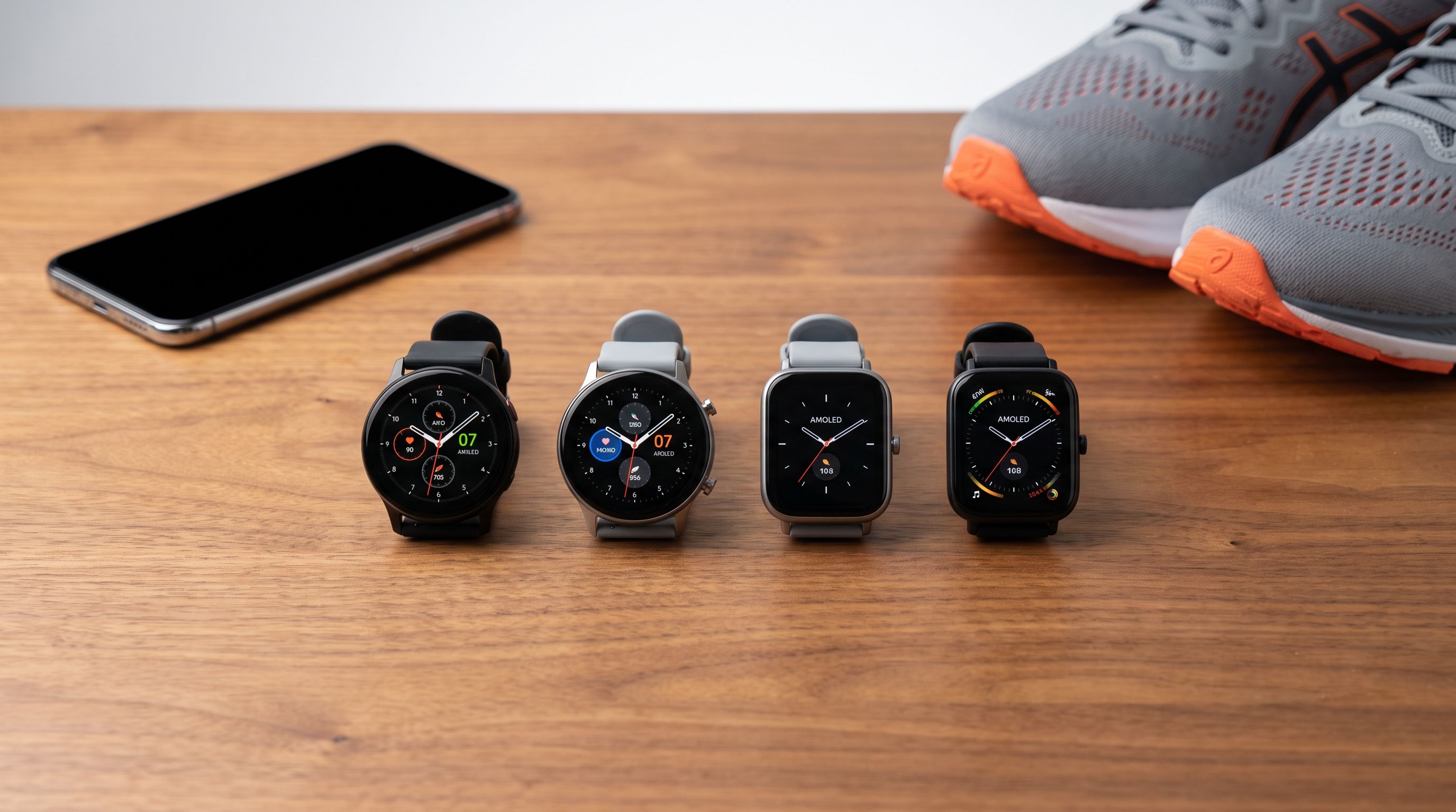 Four budget smartwatches with round and square AMOLED displays laid out on a wooden desk beside a phone and running shoes