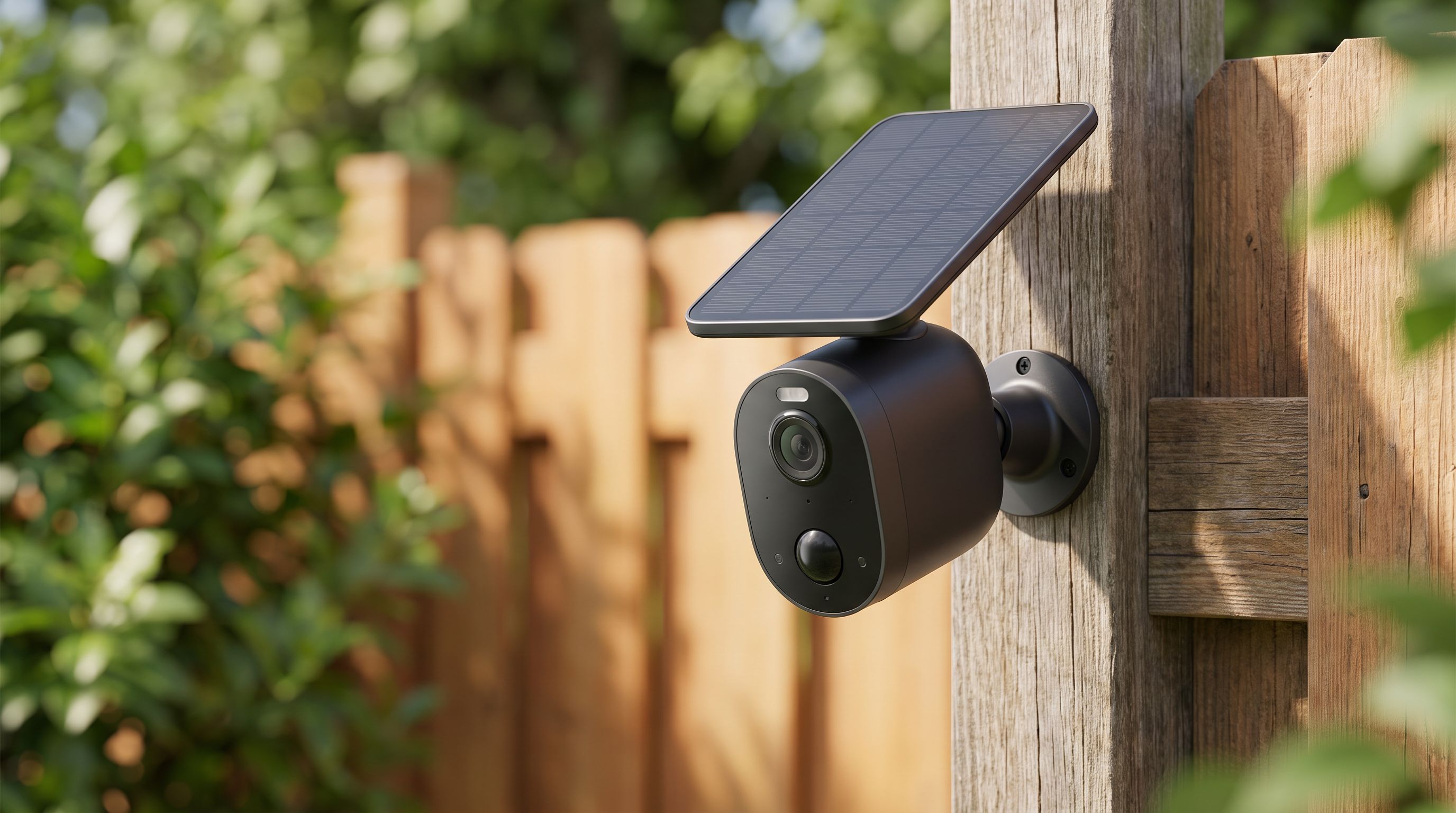 Outdoor solar-powered security camera with attached solar panel mounted on a wooden fence post in daylight