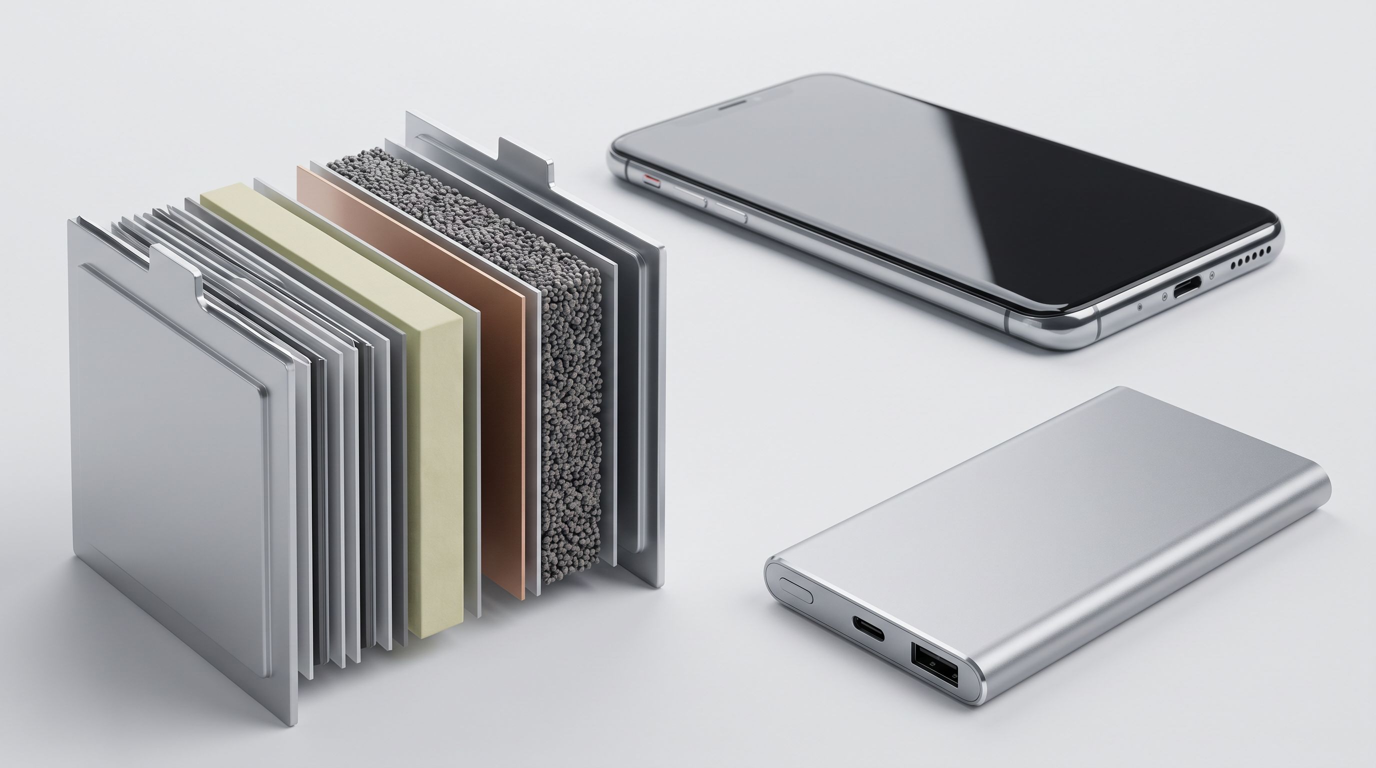 Cutaway illustration of a solid-state battery cell stack next to a modern smartphone and a slim USB-C power bank
