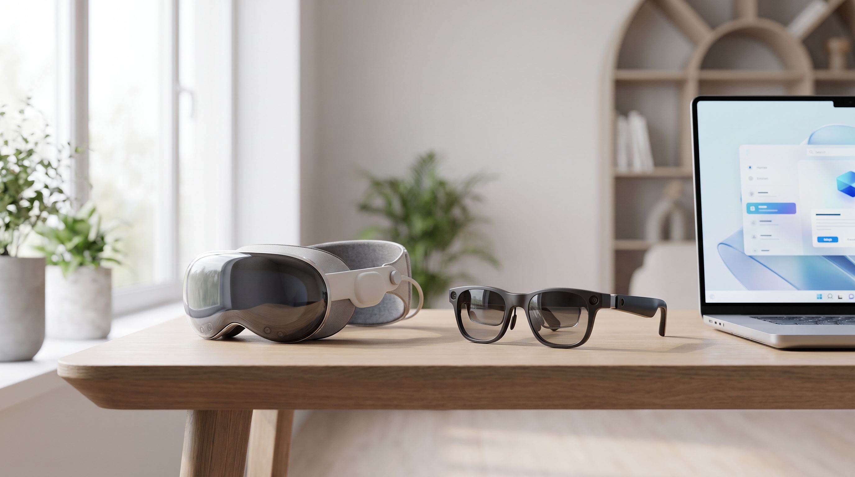 A mixed-reality headset and a pair of camera-equipped smart glasses sitting side by side on a desk next to a laptop, lit by window light