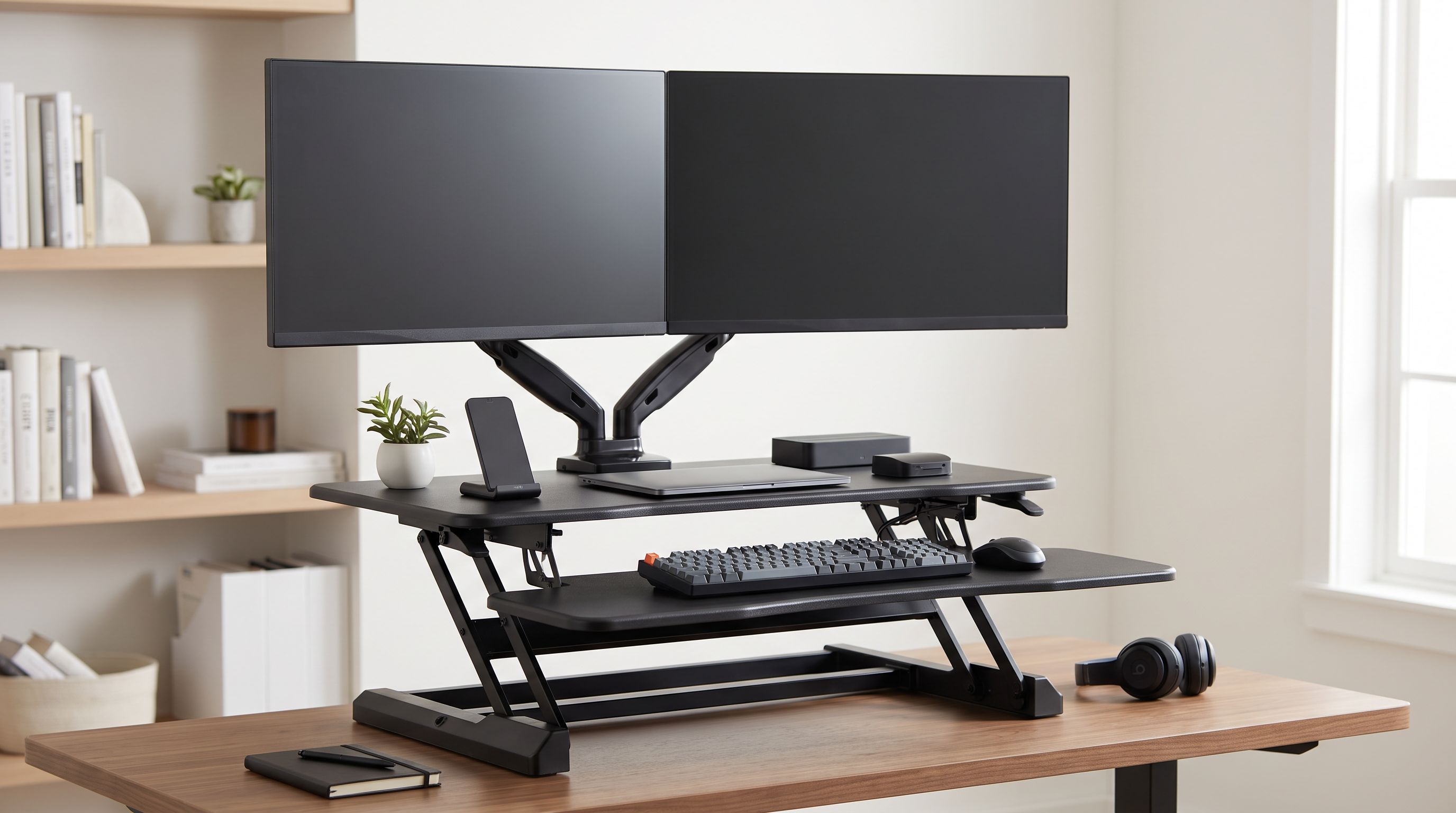 A dual-monitor sit-stand desk converter raised above a wooden desk in a home office, with keyboard tray extended
