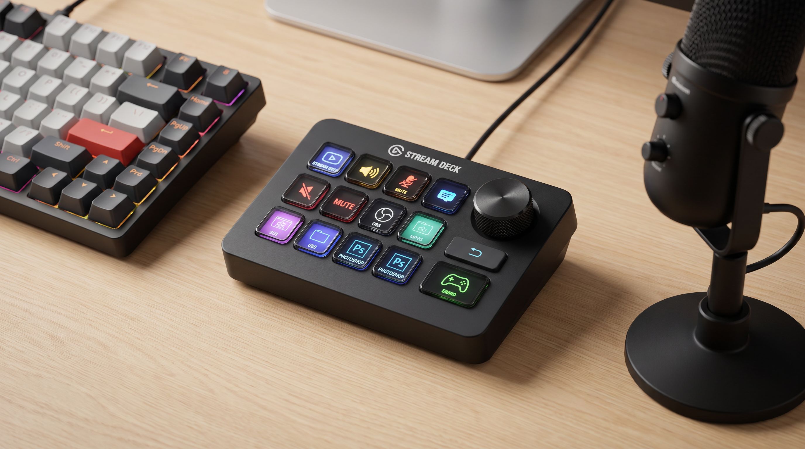 A compact programmable macro pad with illuminated LCD keys and a control knob sitting on a desk beside a keyboard and microphone