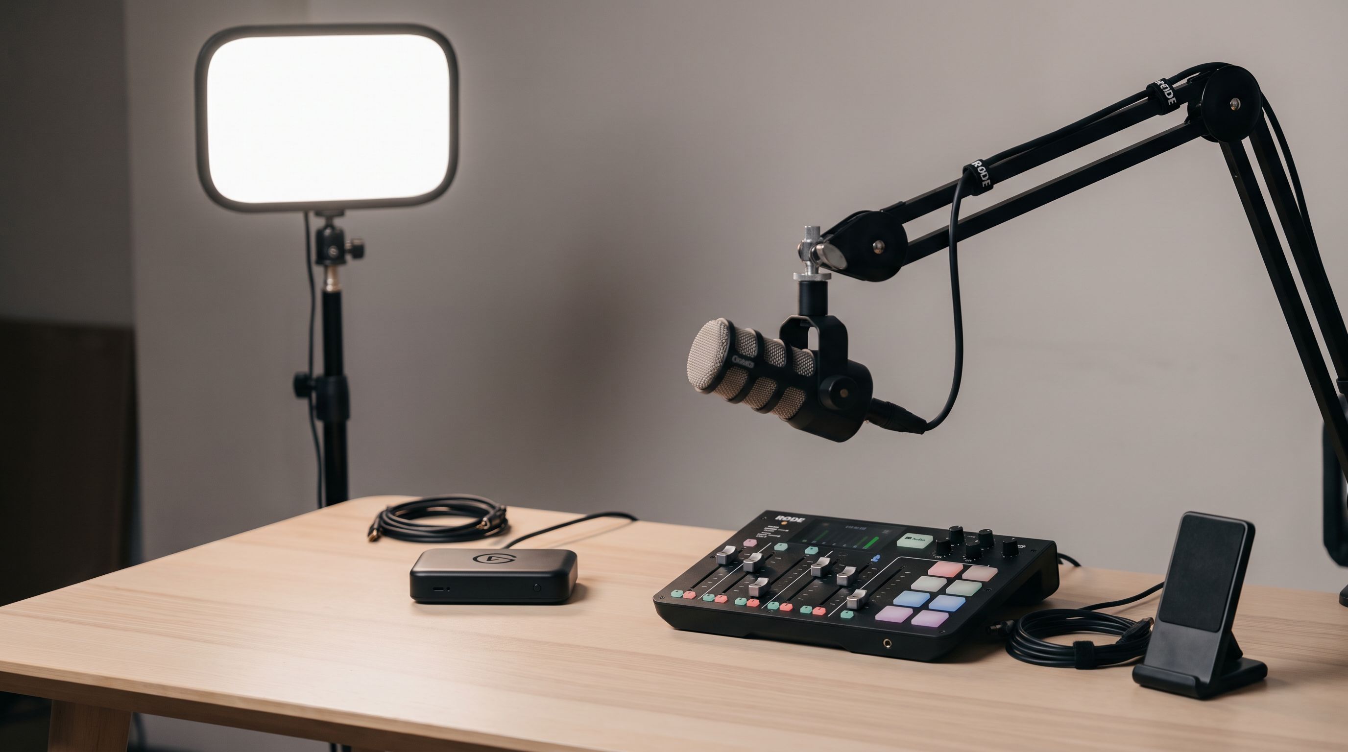 A creator's streaming desk with a capture card, LED key light on a stand, microphone on a boom arm, and an audio mixer