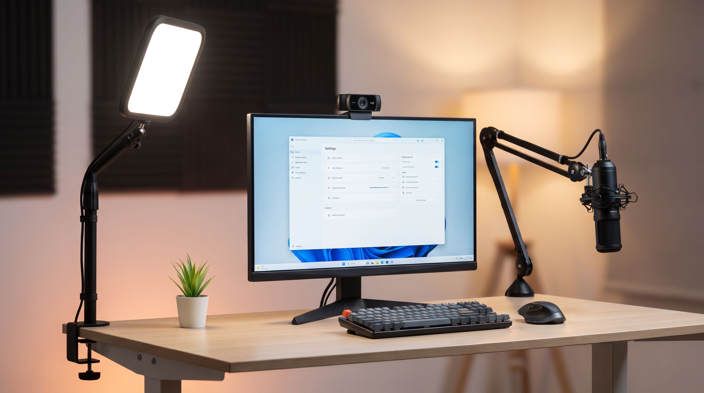 A desk streaming setup with a 4K webcam mounted above a monitor, an LED key light on a desk clamp, and a microphone arm in frame