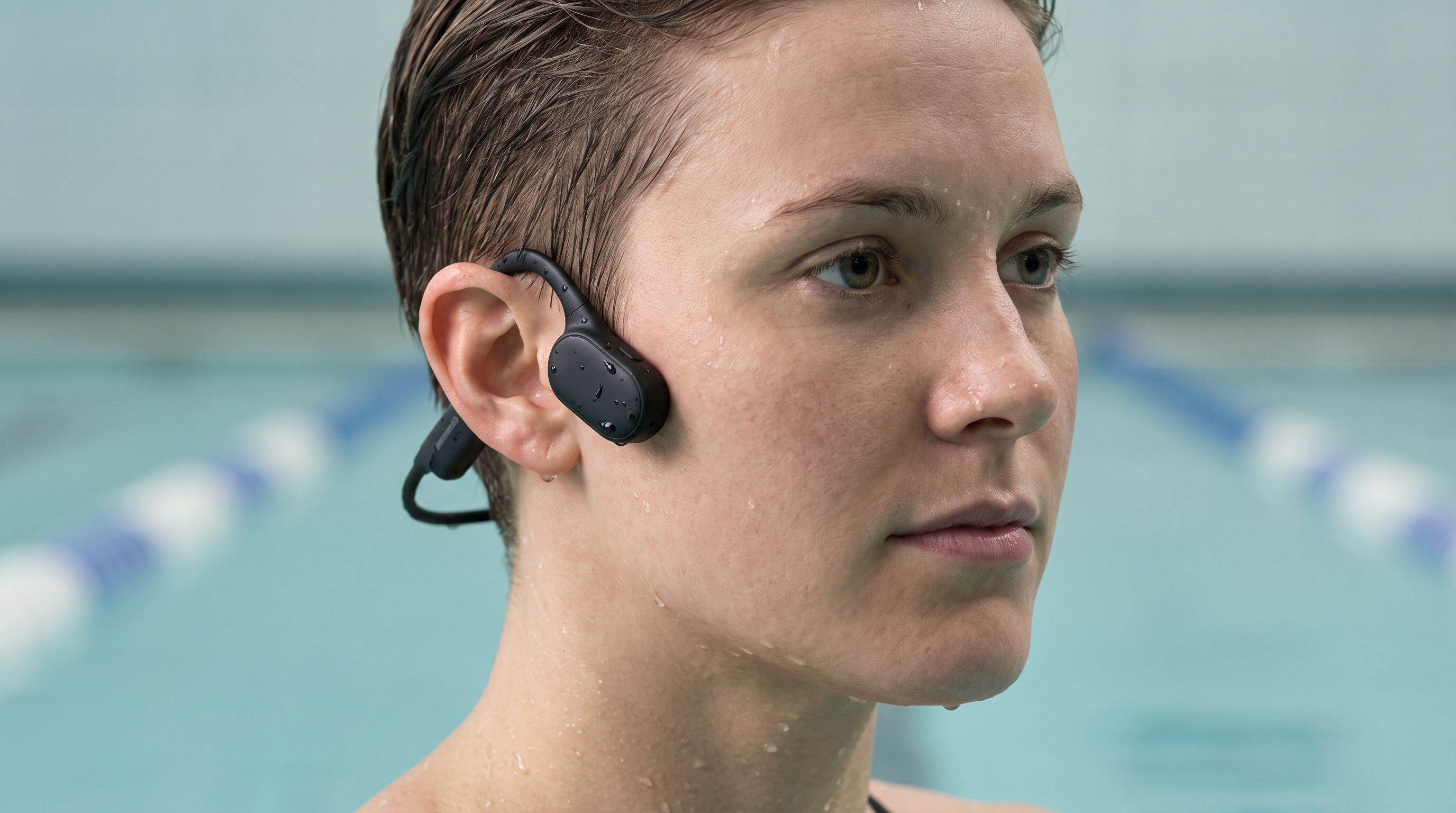A swimmer in a pool wearing black bone-conduction headphones with the transducers resting on the cheekbones in front of the ears