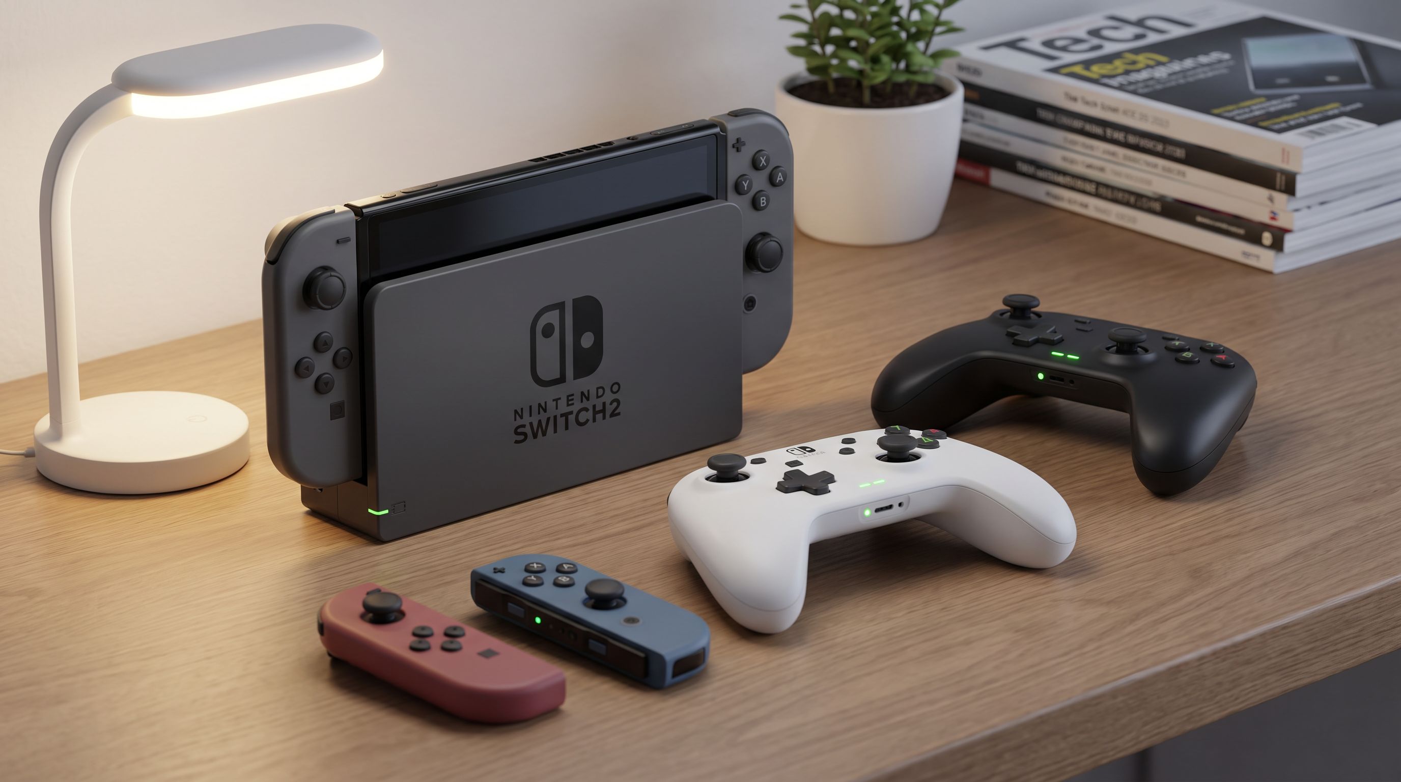 Four Nintendo Switch 2 compatible gamepads arranged on a desk beside a docked Switch 2 console