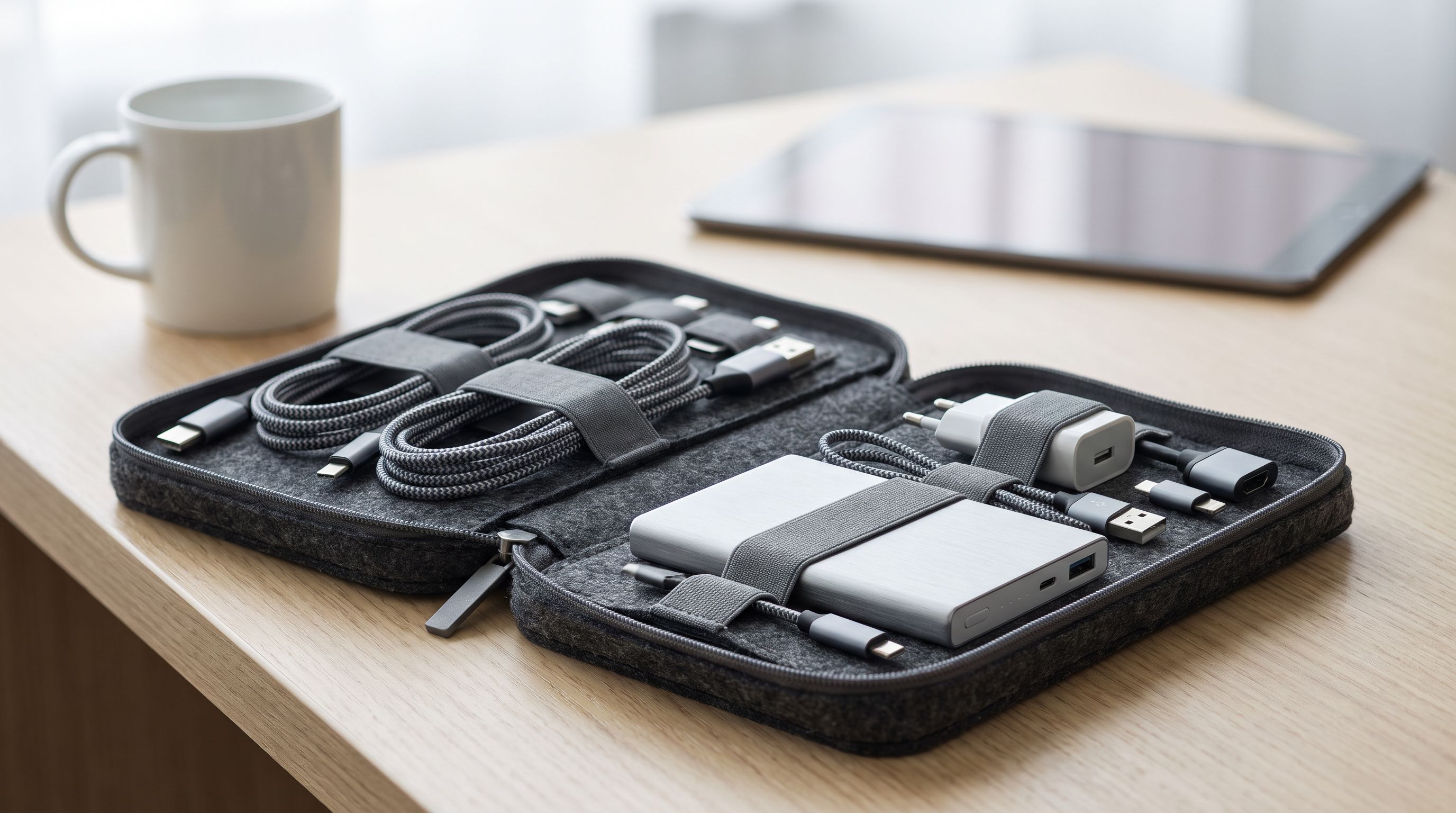 An open tech organizer pouch on a hotel desk with charging cables, a power bank, wall adapter and dongles held in elastic loops