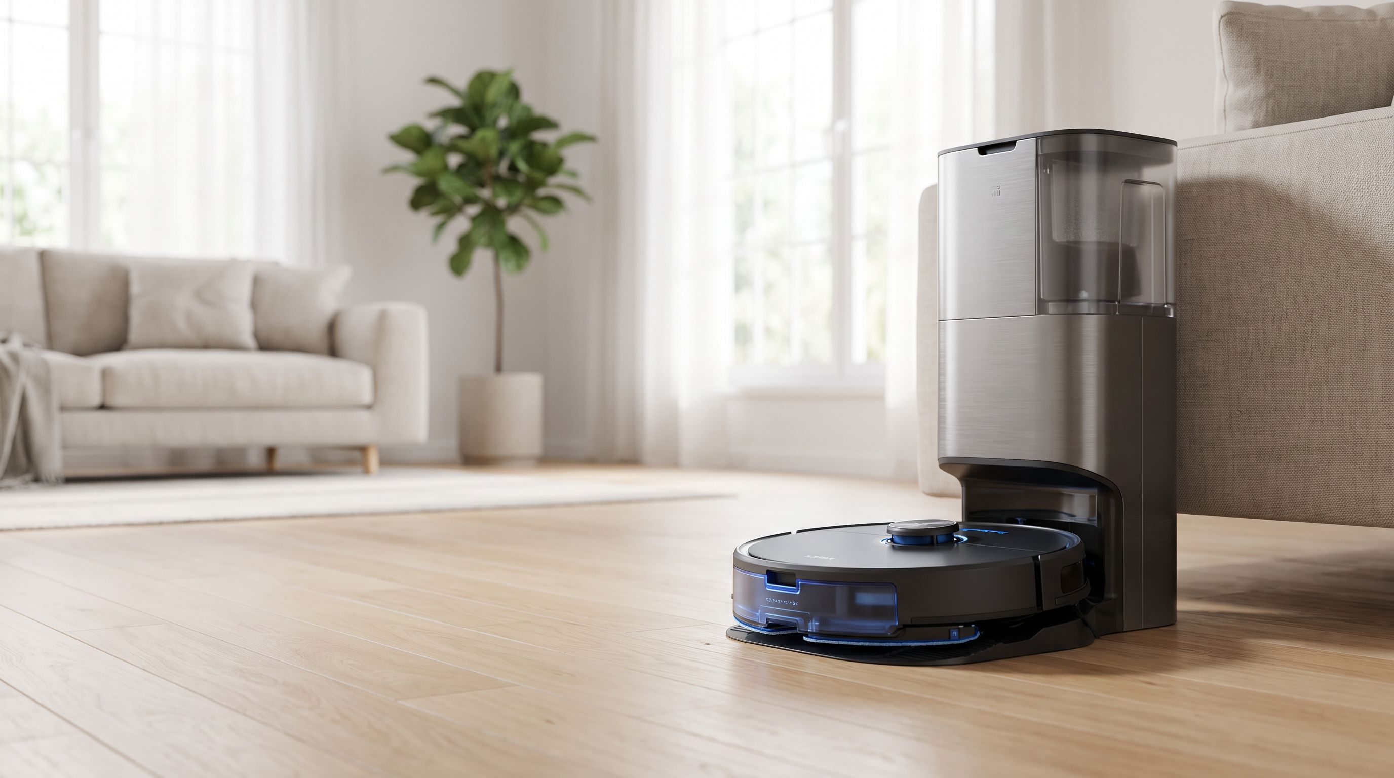 A modern robot vacuum and mop docked in a tall self-emptying base station on hardwood flooring in a bright living room