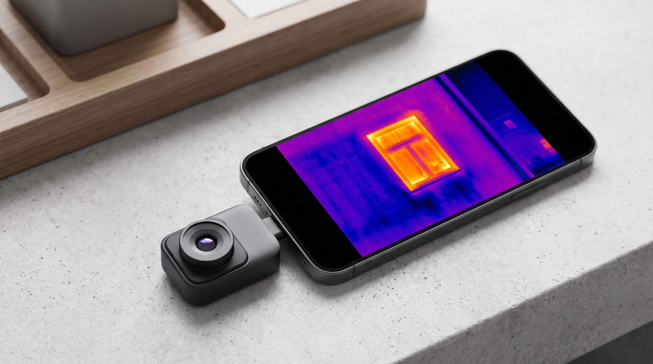 A compact USB-C thermal imaging camera plugged into a smartphone, displaying a false-colour heat map of a house wall with cold spots around a window frame