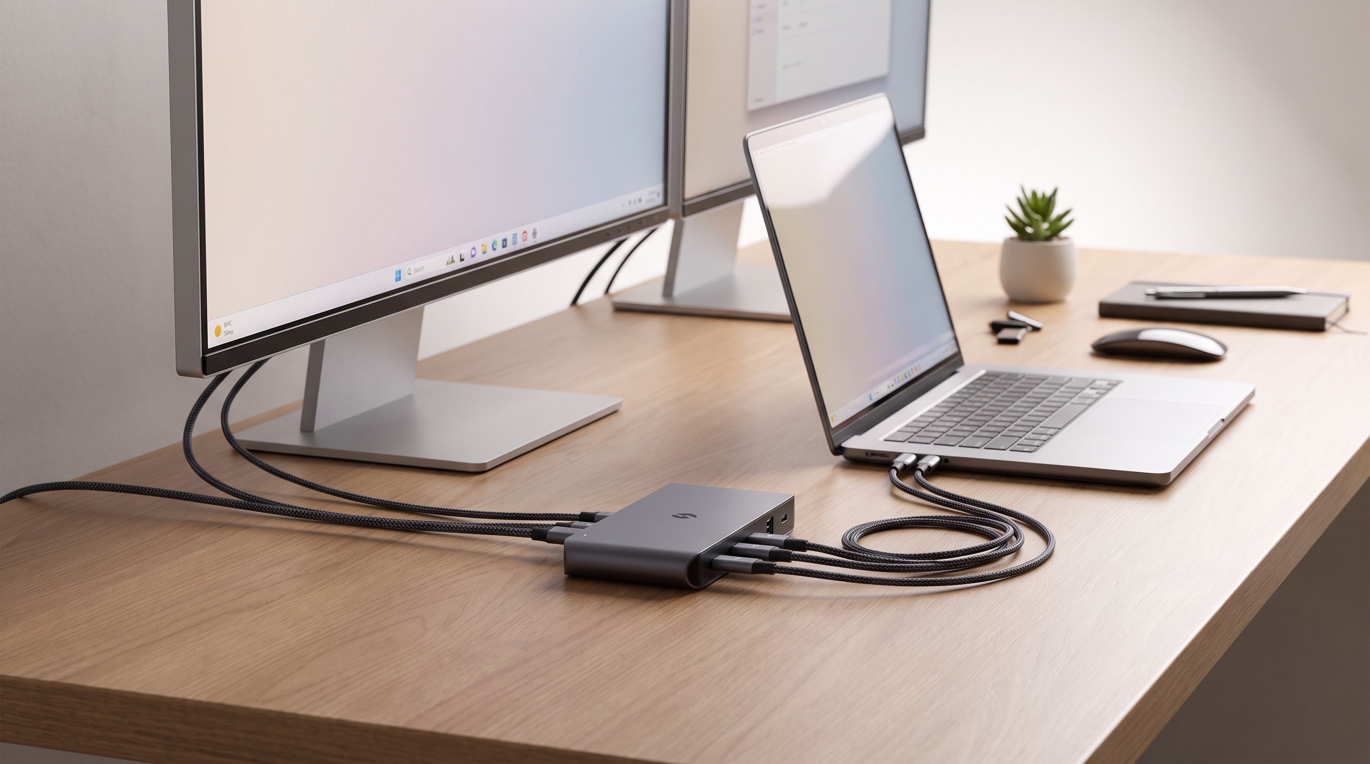 A compact Thunderbolt 5 hub on a desk with cables running to a laptop and two large monitors