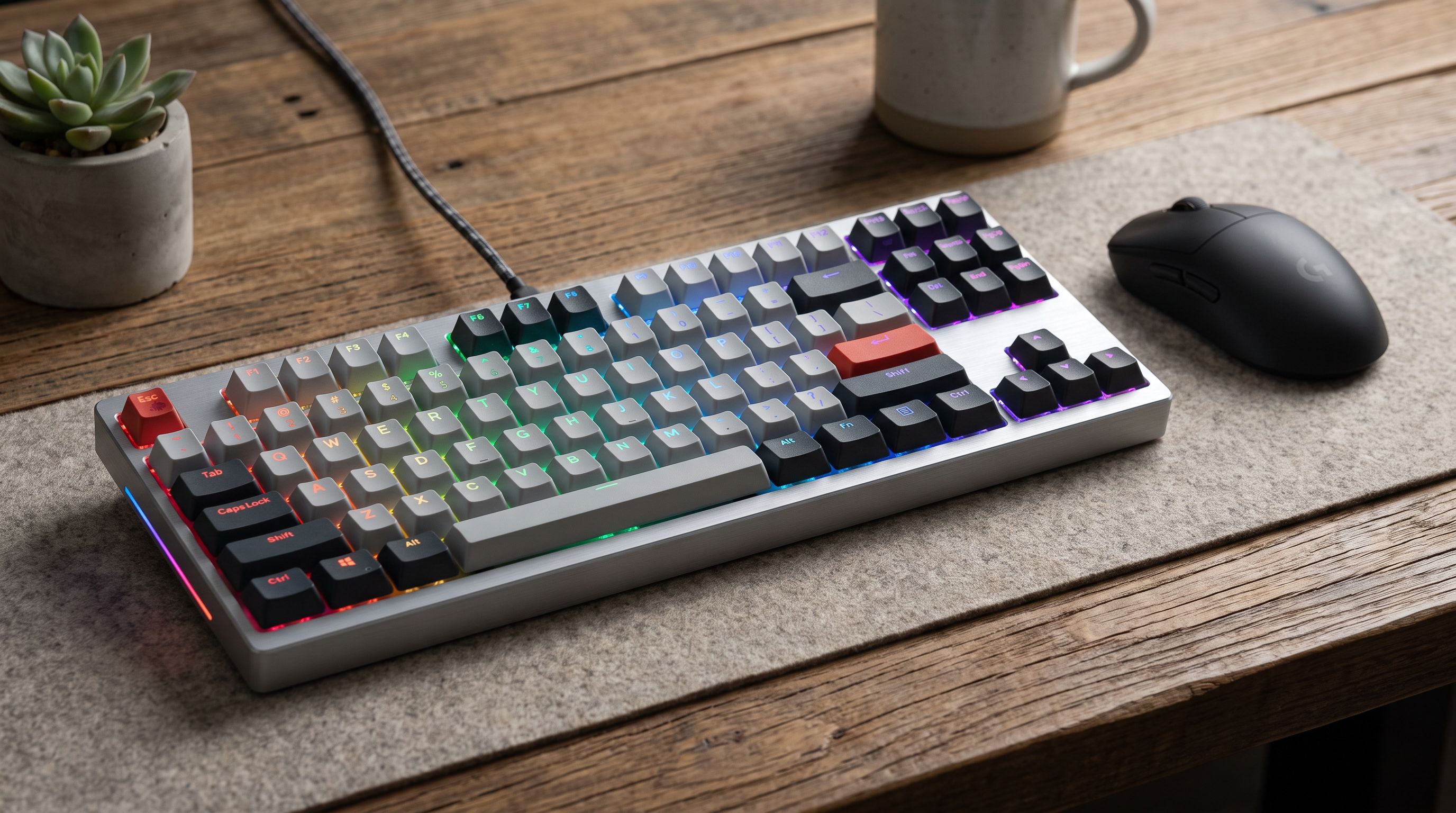 A tenkeyless mechanical keyboard with RGB backlighting on a wooden desk next to a mouse, showing arrow keys and no number pad