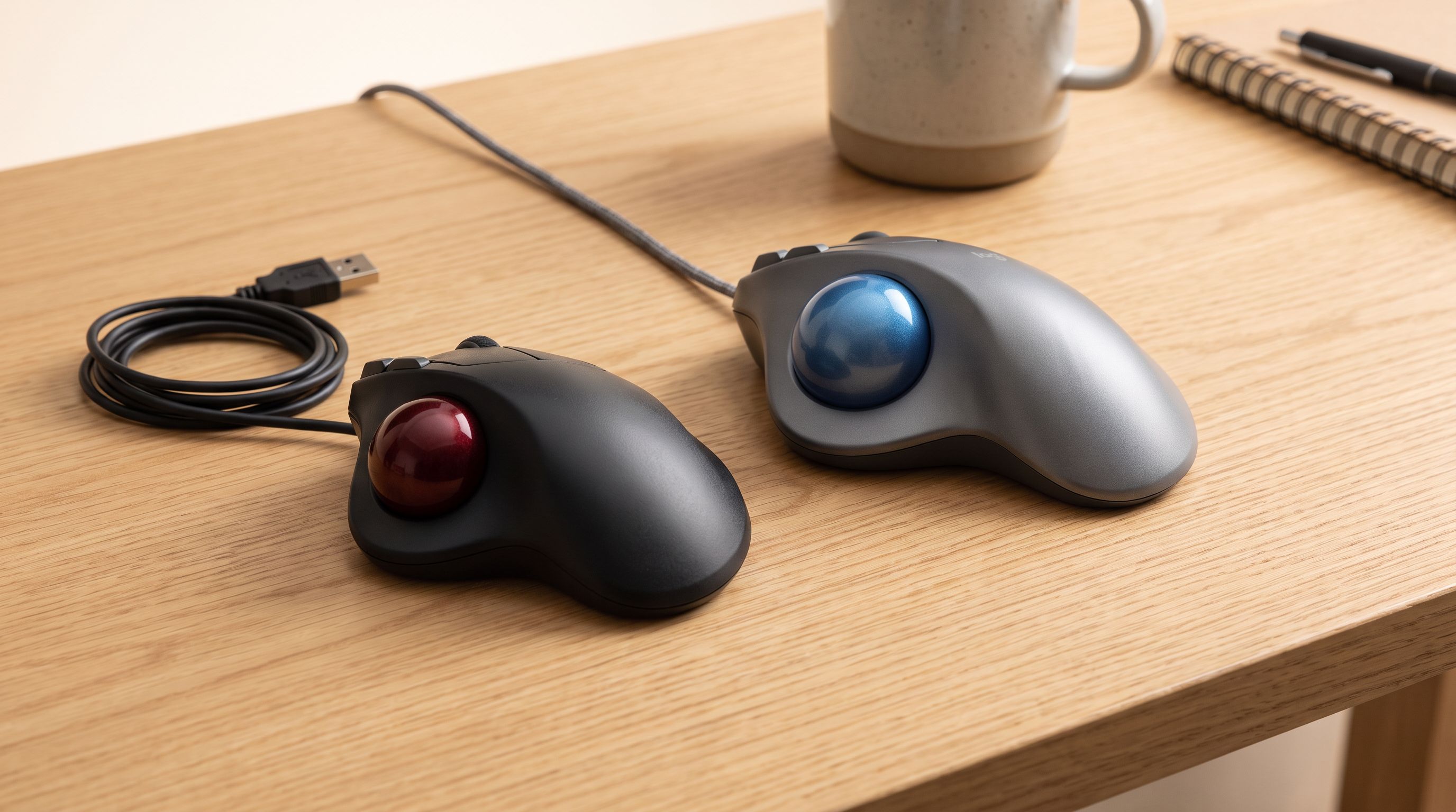 A thumb-operated trackball mouse and a large finger-operated trackball side by side on a compact wooden desk