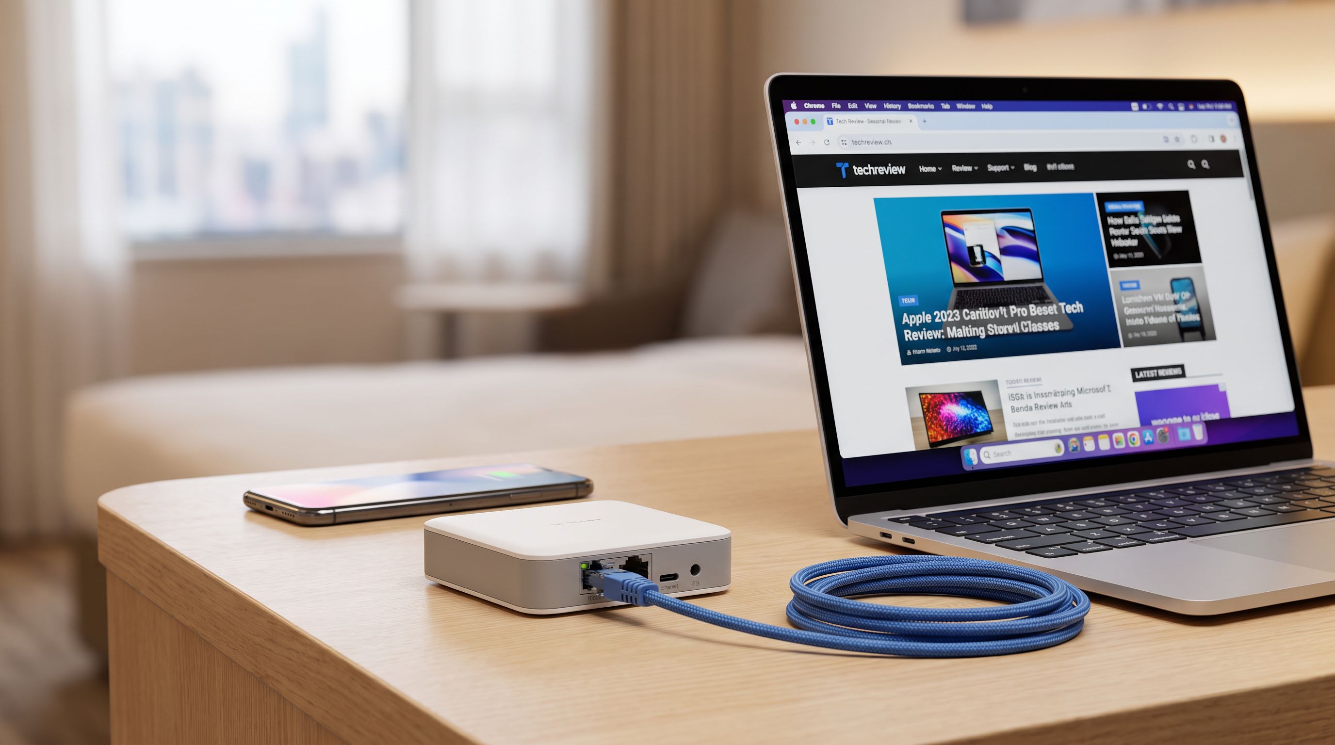 A pocket-sized travel router sitting on a hotel desk next to a laptop, phone and Ethernet cable