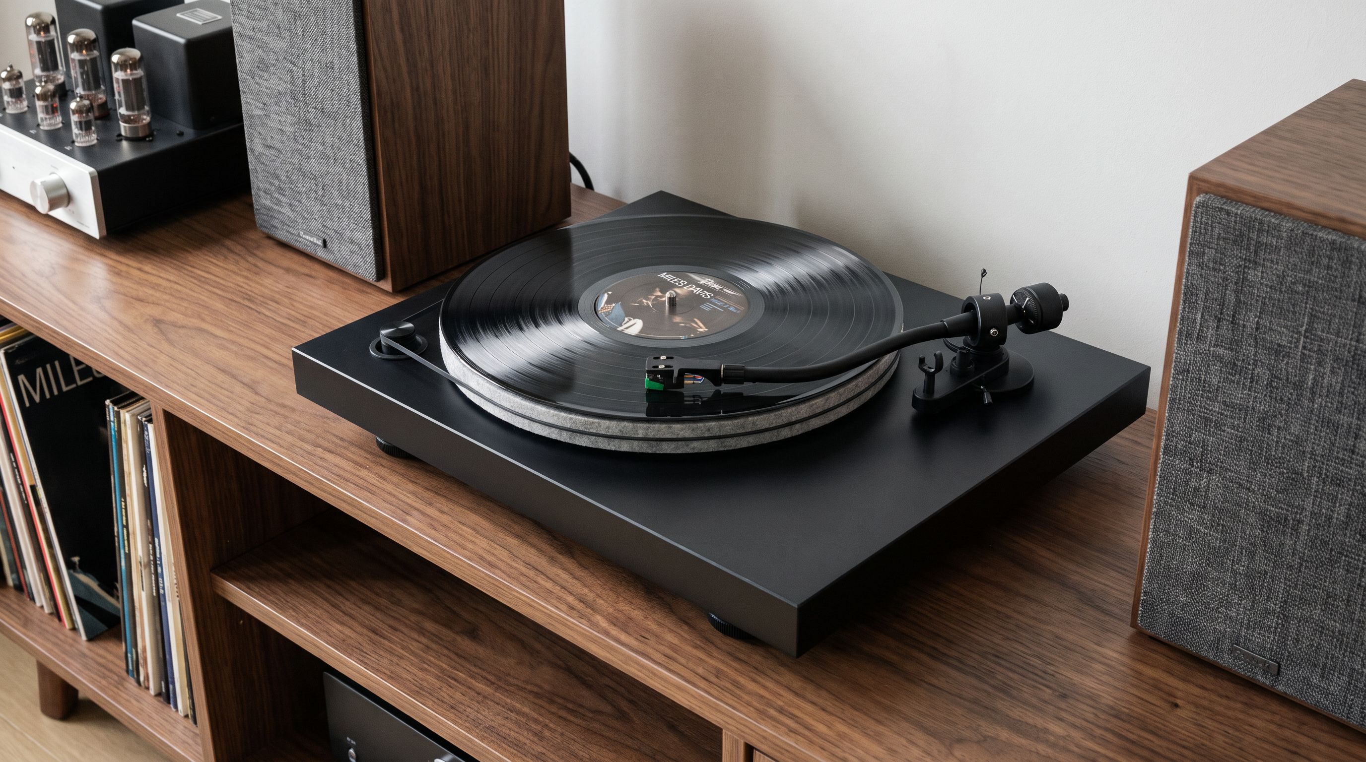 A belt-drive turntable with a black plinth, S-shaped tonearm and vinyl record spinning on a felt mat, set on a wooden media console beside bookshelf speakers