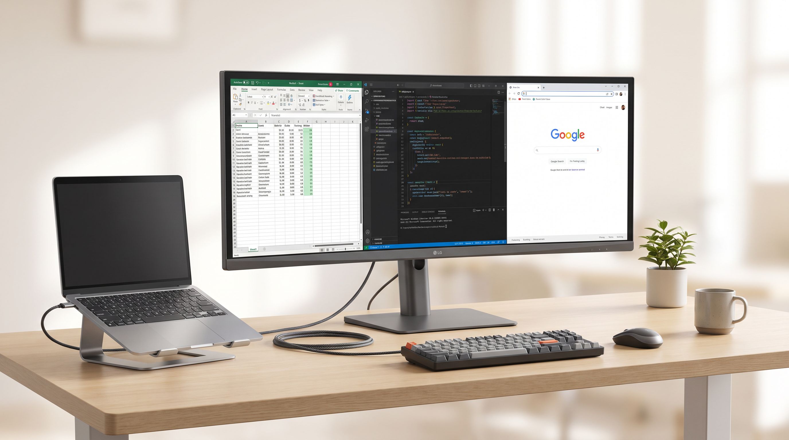A 34-inch curved ultrawide monitor on a desk showing a spreadsheet, code editor, and browser side by side, with a keyboard and laptop connected by a single USB-C cable