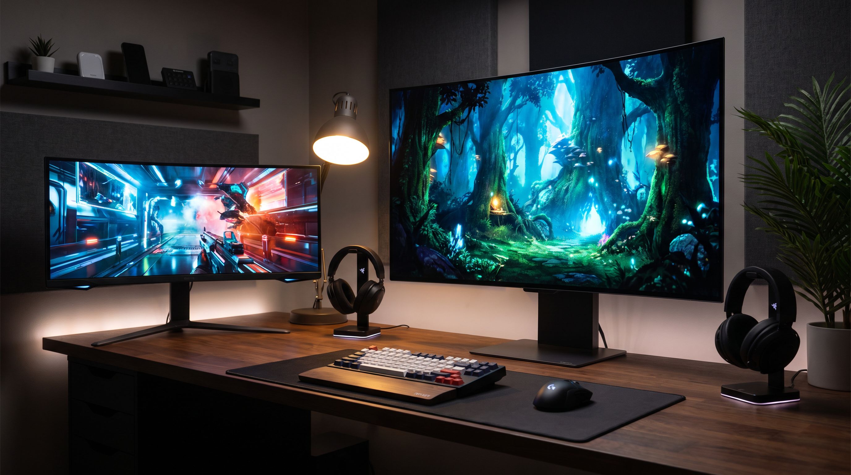 A curved 45-inch ultrawide OLED gaming monitor on a desk beside a smaller 34-inch ultrawide, both showing vivid high-contrast game footage in a dim room