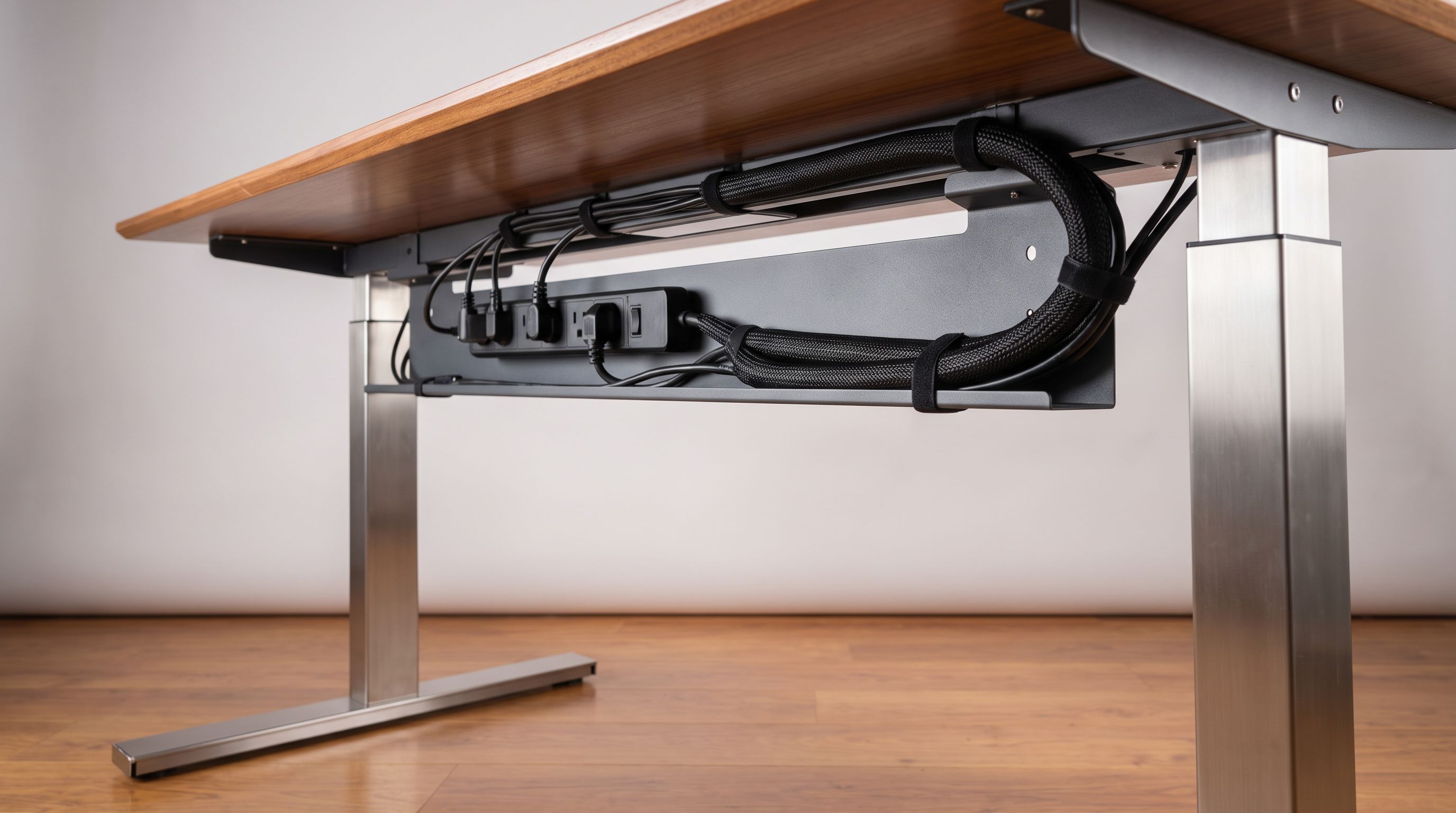 A tidy standing desk viewed from below, showing a metal under-desk cable tray holding a power strip and bundled cables in a braided sleeve