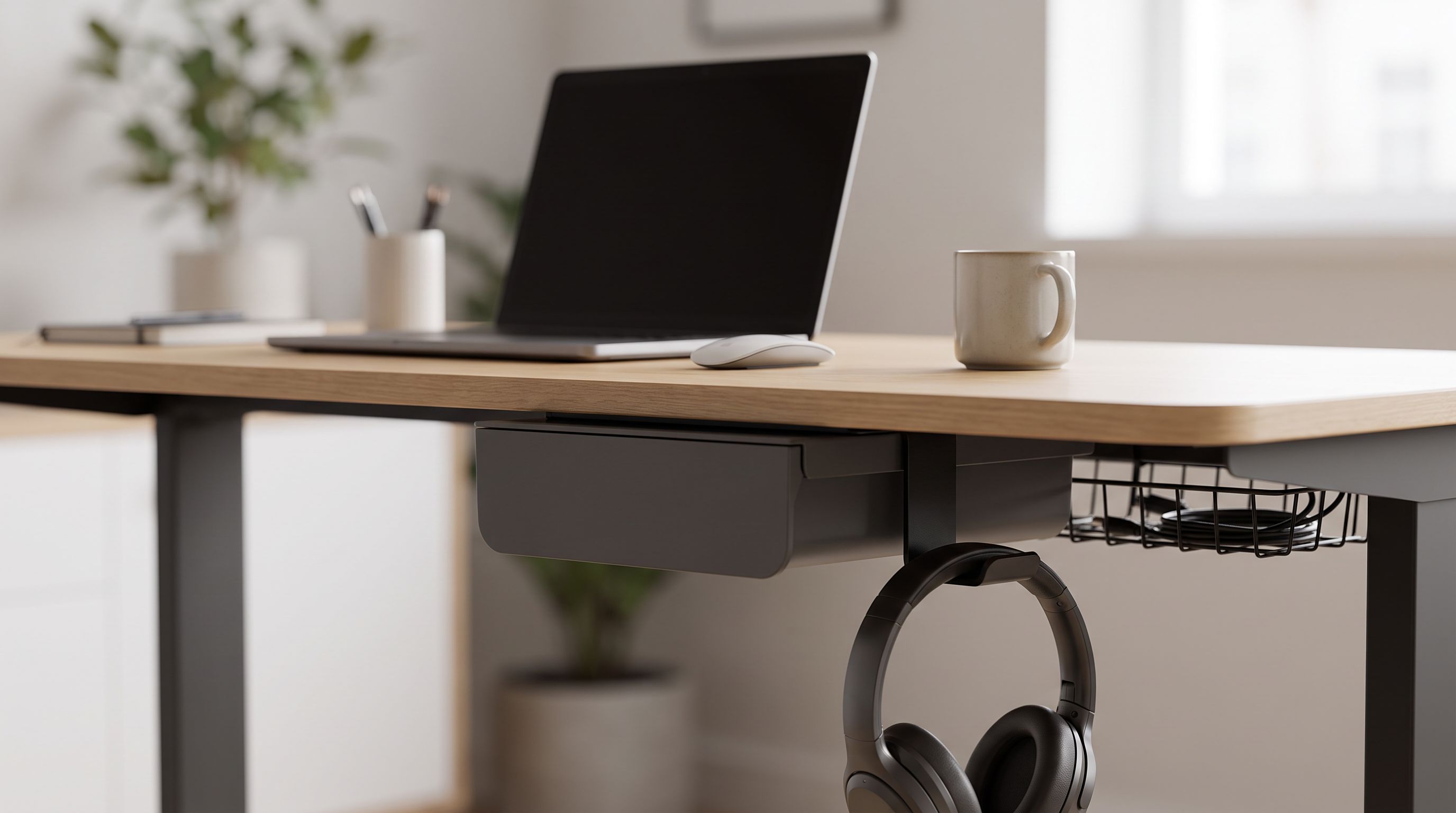 A tidy home-office desk with an adhesive under-desk drawer, a headphone hook and a cable management tray hidden beneath the desktop