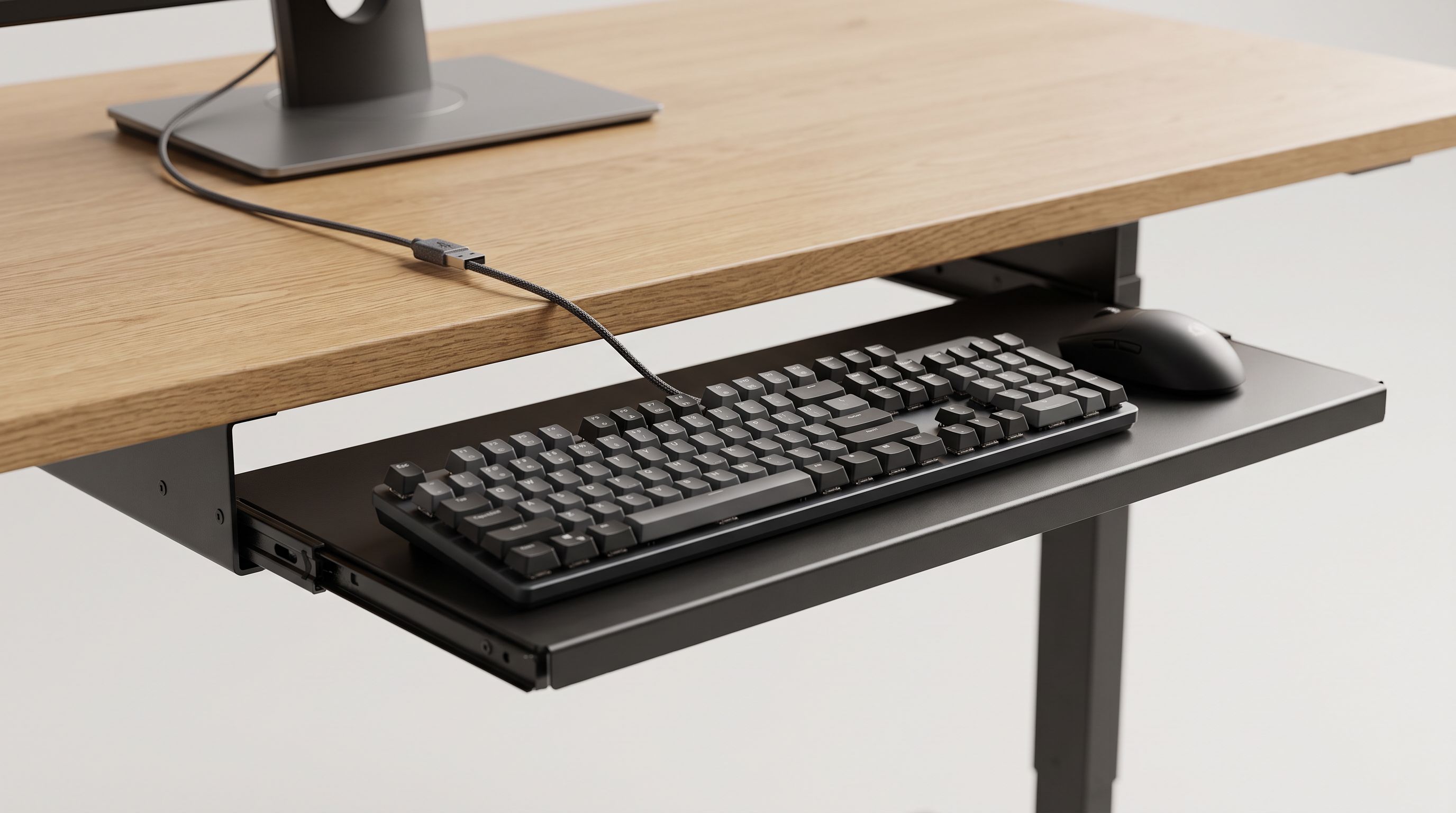 A sliding under-desk keyboard tray mounted beneath a wooden desk, holding a full-size keyboard and mouse with a cable running to a monitor above