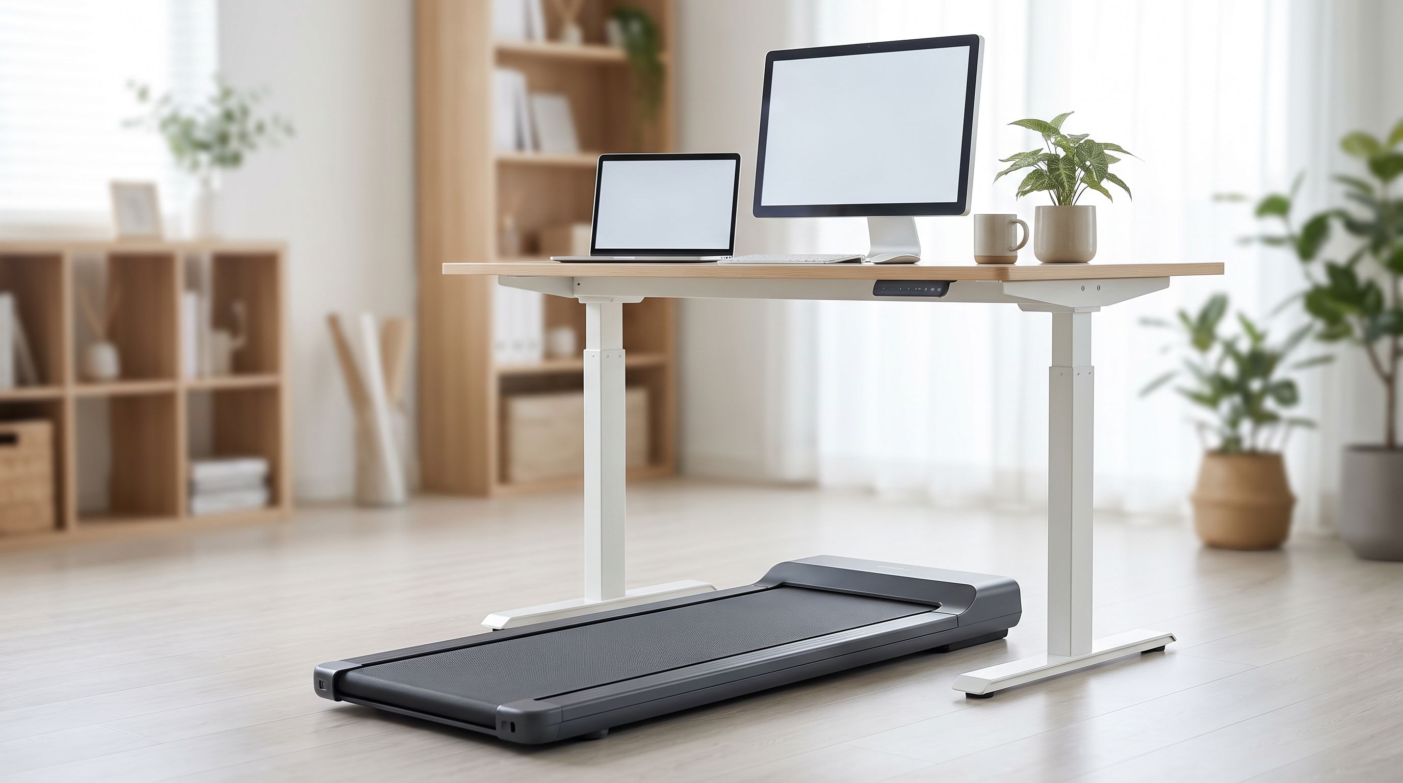 A slim grey walking pad positioned under a height-adjustable standing desk in a home office, with a laptop and monitor above it