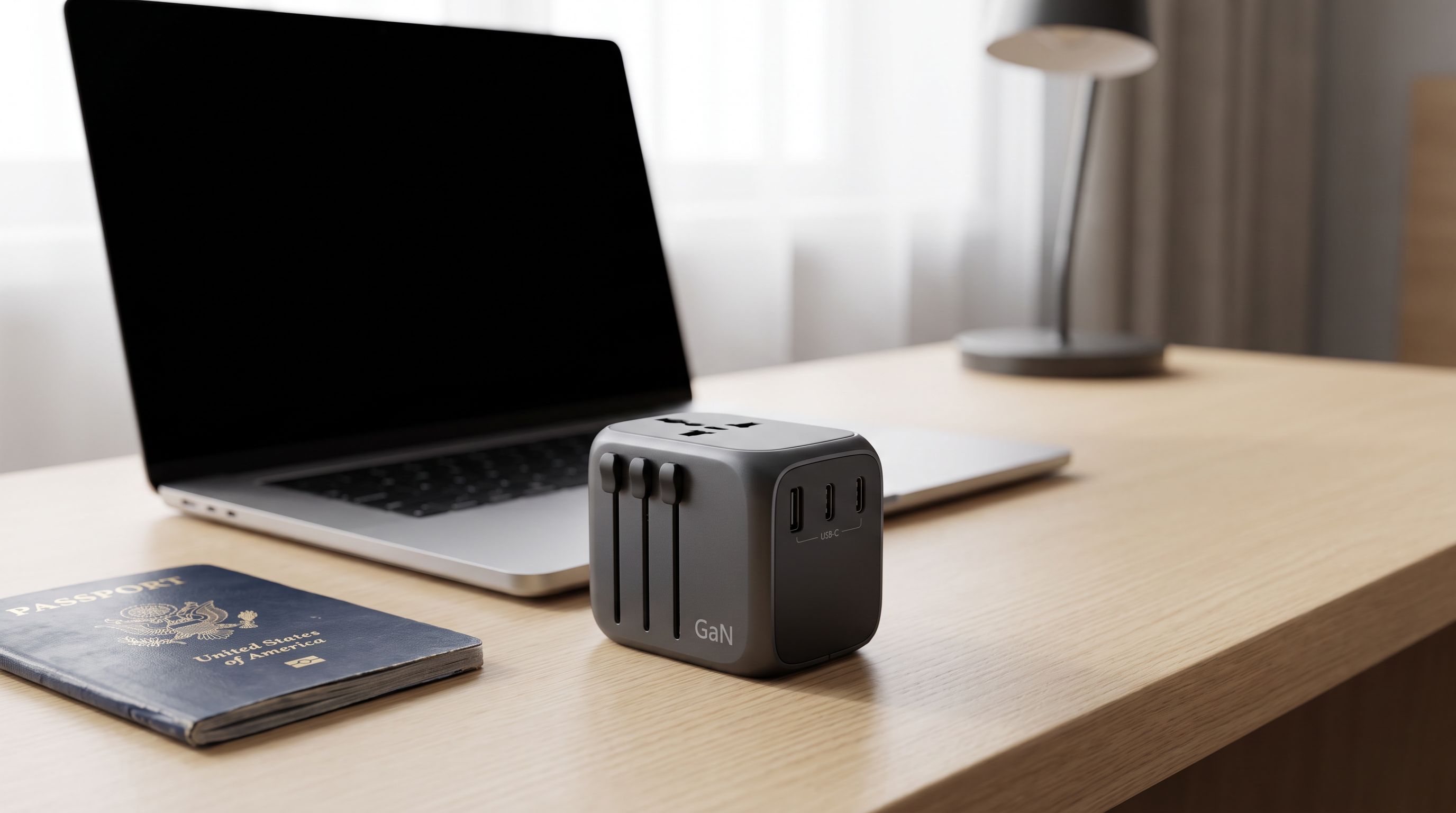 A compact GaN universal travel adapter with sliding international plug pins and USB-C ports sitting on a hotel desk next to a laptop and passport