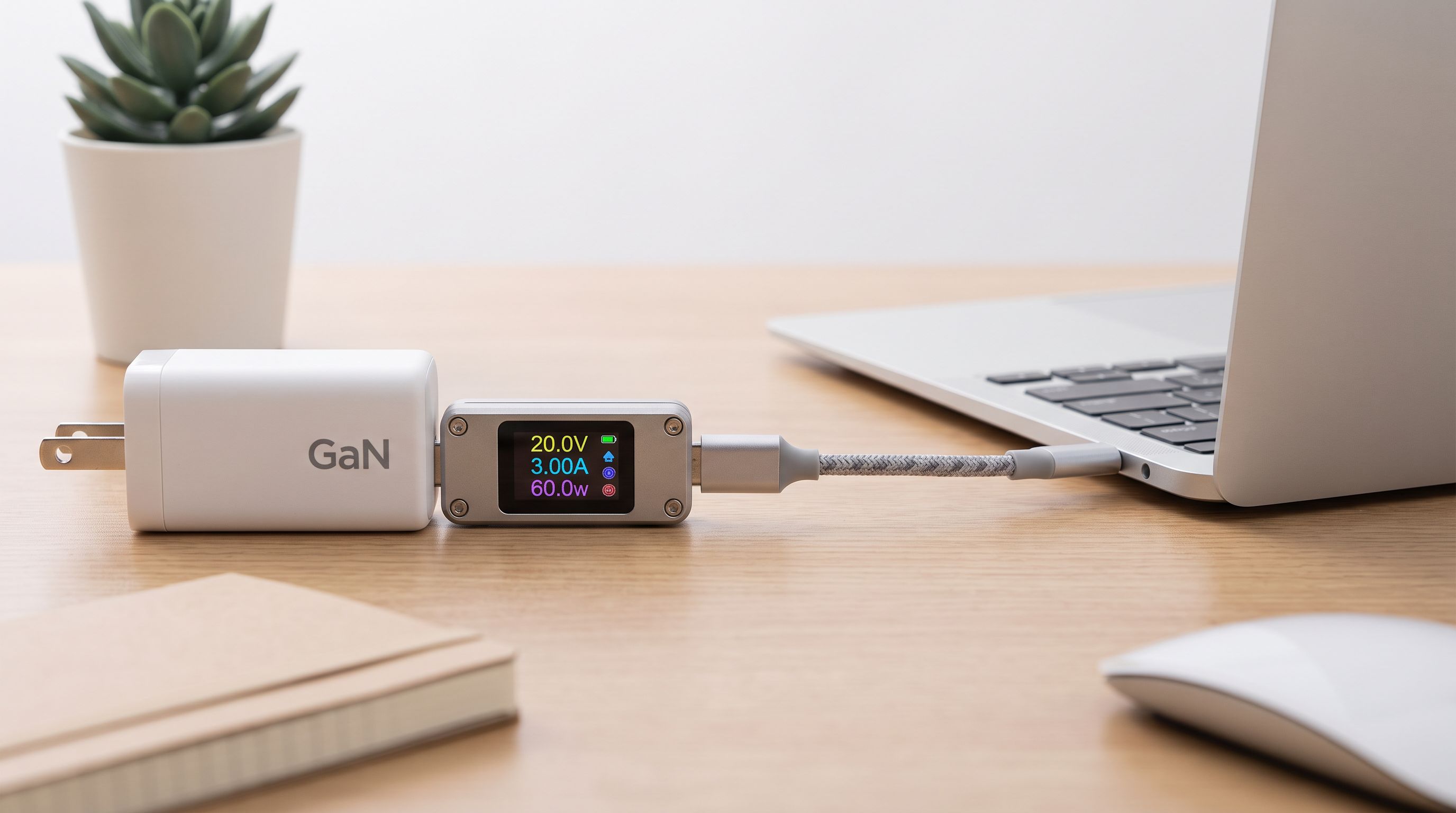 A USB-C inline power meter with a color display plugged between a GaN charger and a laptop, showing voltage, amperage and wattage readings on a desk