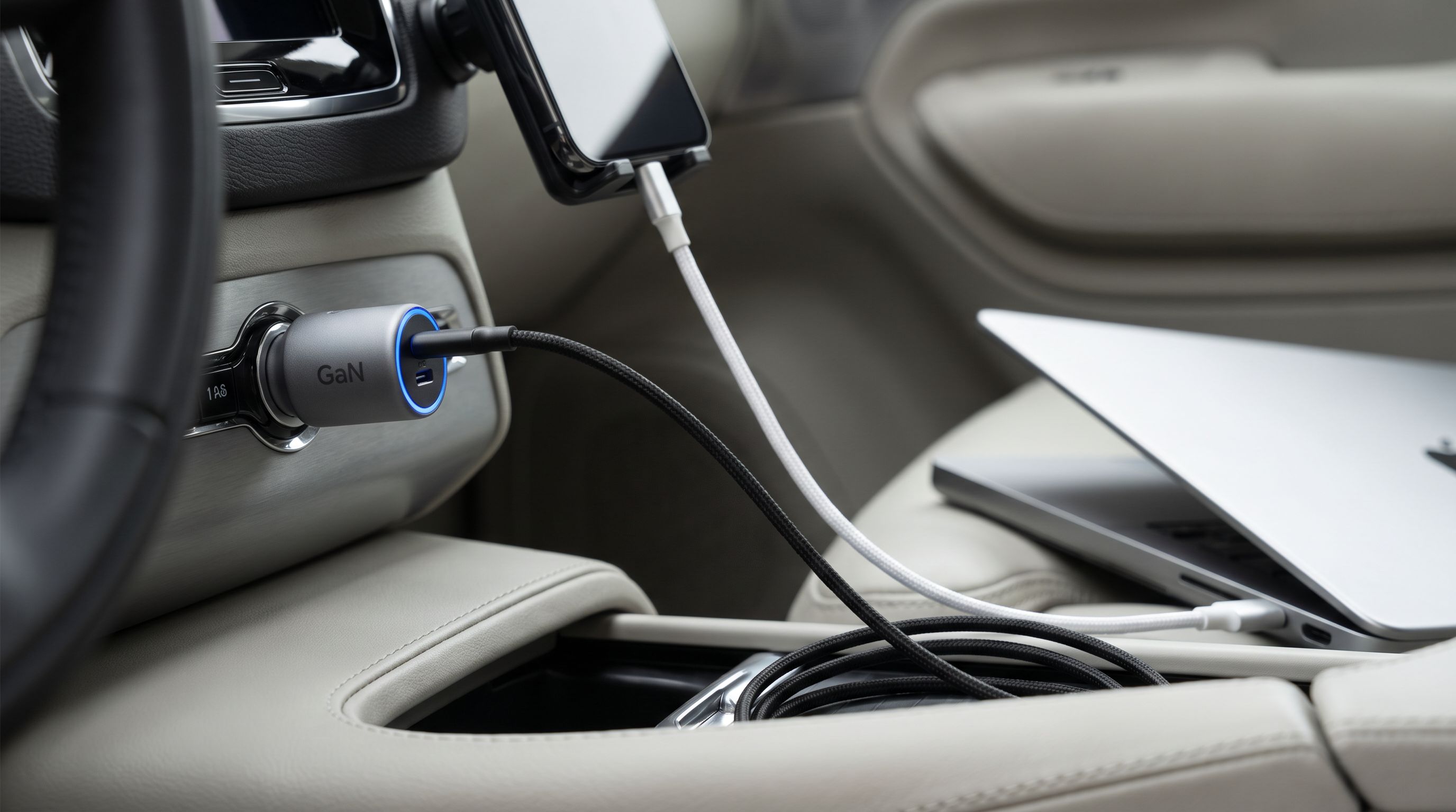 A compact GaN USB-C car charger plugged into a vehicle's 12V cigarette-lighter socket with two cables running to a phone and a laptop