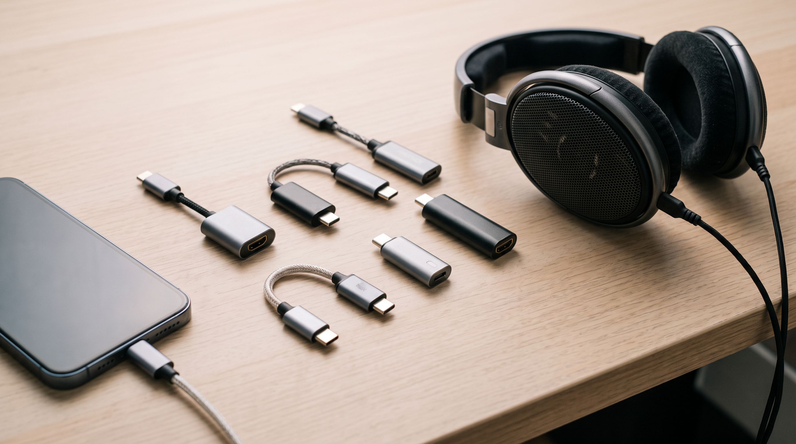Several small USB-C DAC dongles laid out next to a smartphone and a pair of wired over-ear headphones on a desk