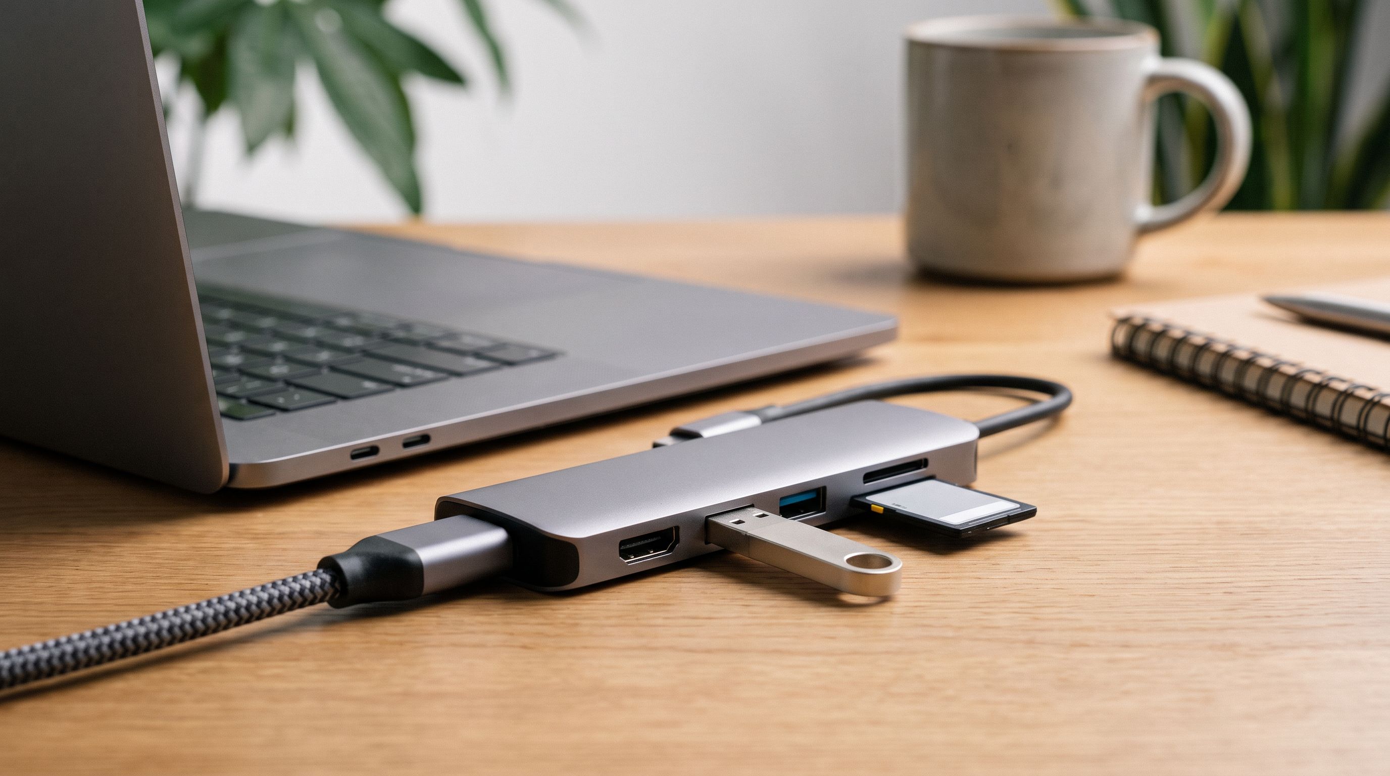 A compact aluminium USB-C hub plugged into a laptop on a tidy desk, with HDMI, USB-A and SD cards connected