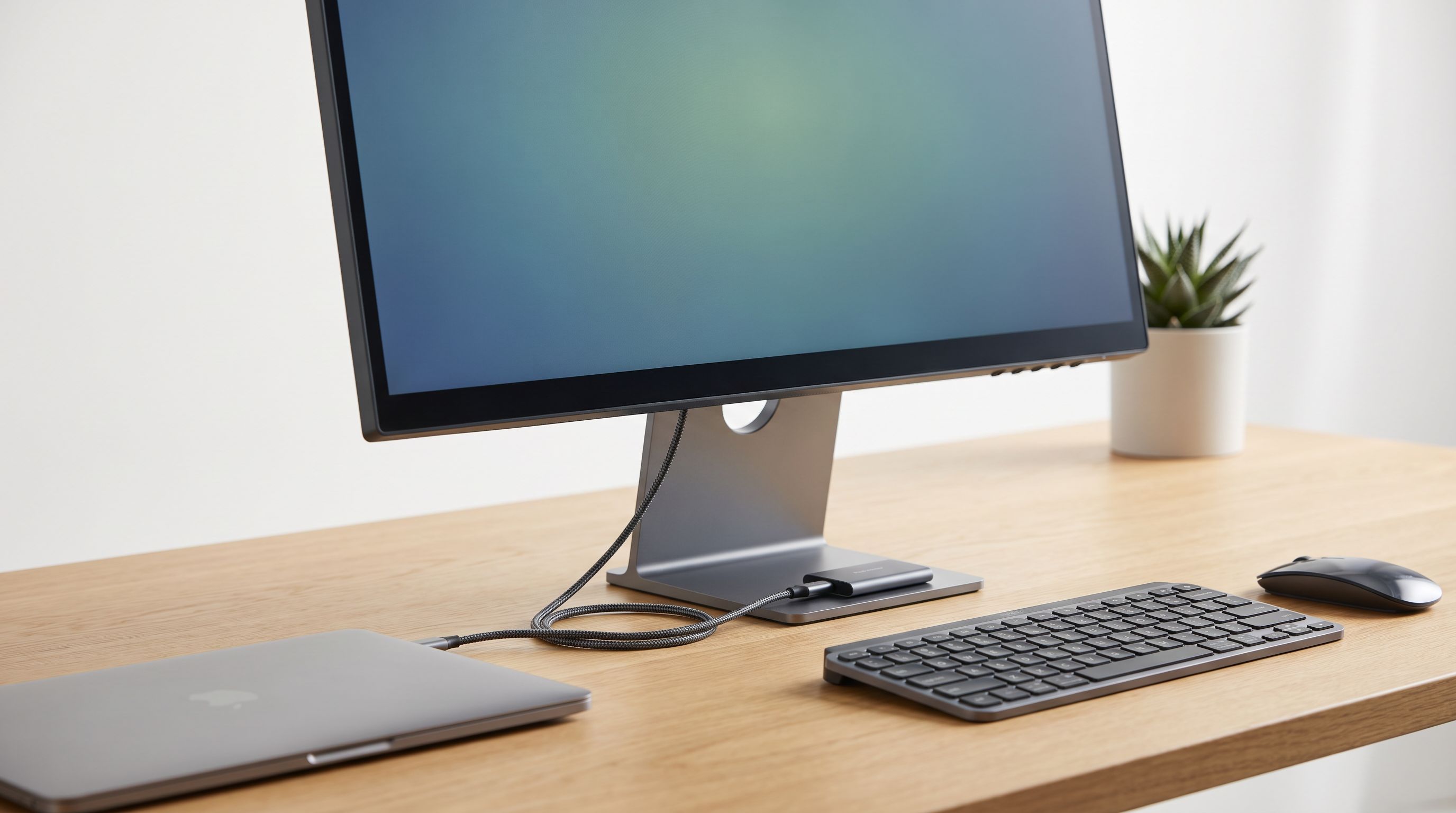 A 4K USB-C monitor on a desk with a single USB-C cable running to a closed laptop, plus a keyboard, mouse and SSD plugged into ports on the monitor's stand