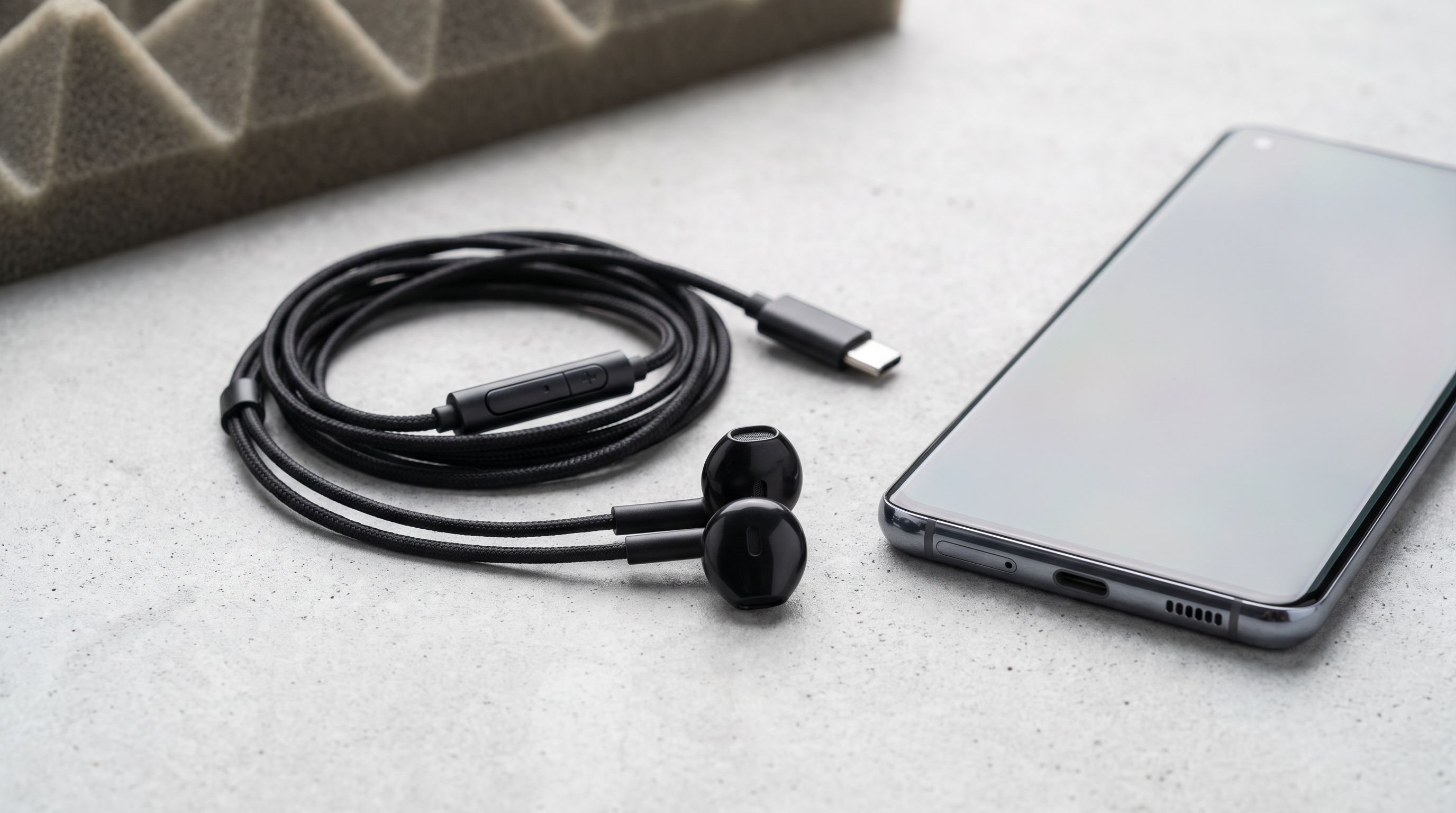 A set of USB-C wired earbuds with an inline mic and remote coiled beside a smartphone with no headphone jack