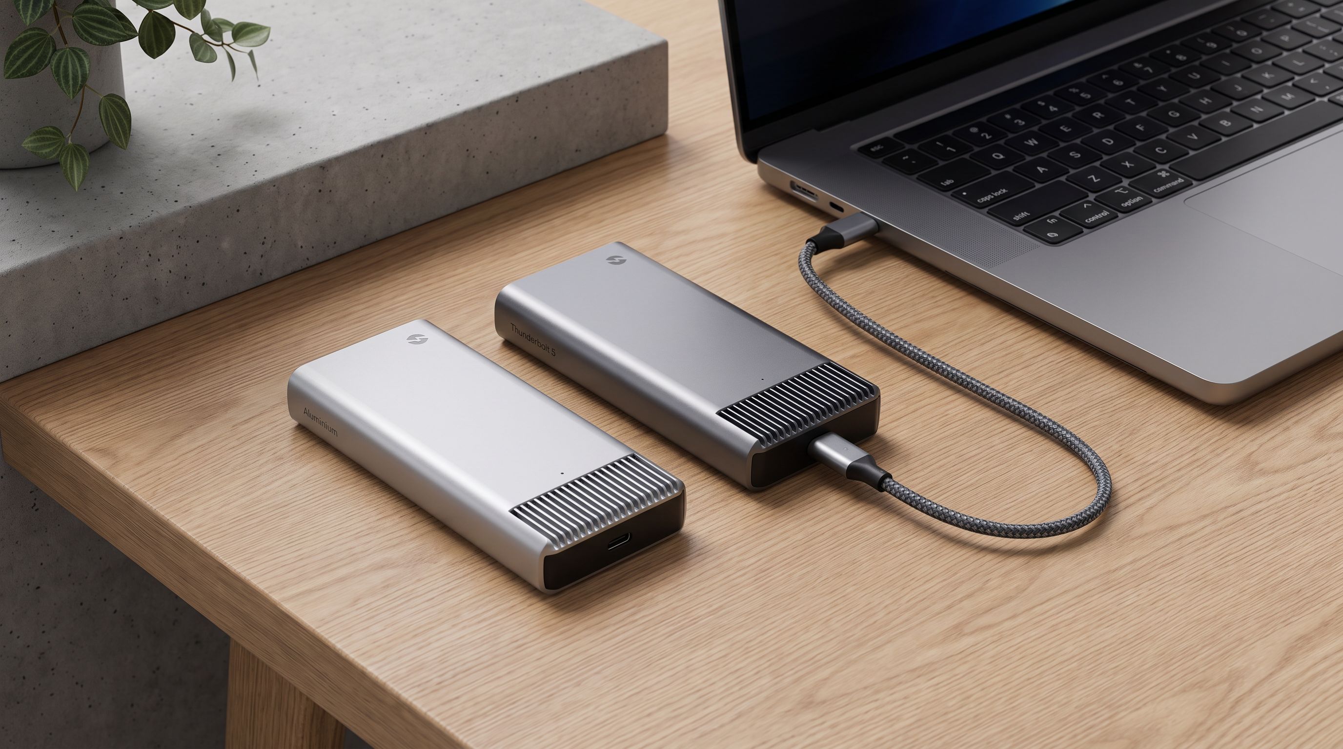 Two aluminium NVMe SSD enclosures, one USB4 and one Thunderbolt 5, sitting beside a laptop with a USB-C cable connected