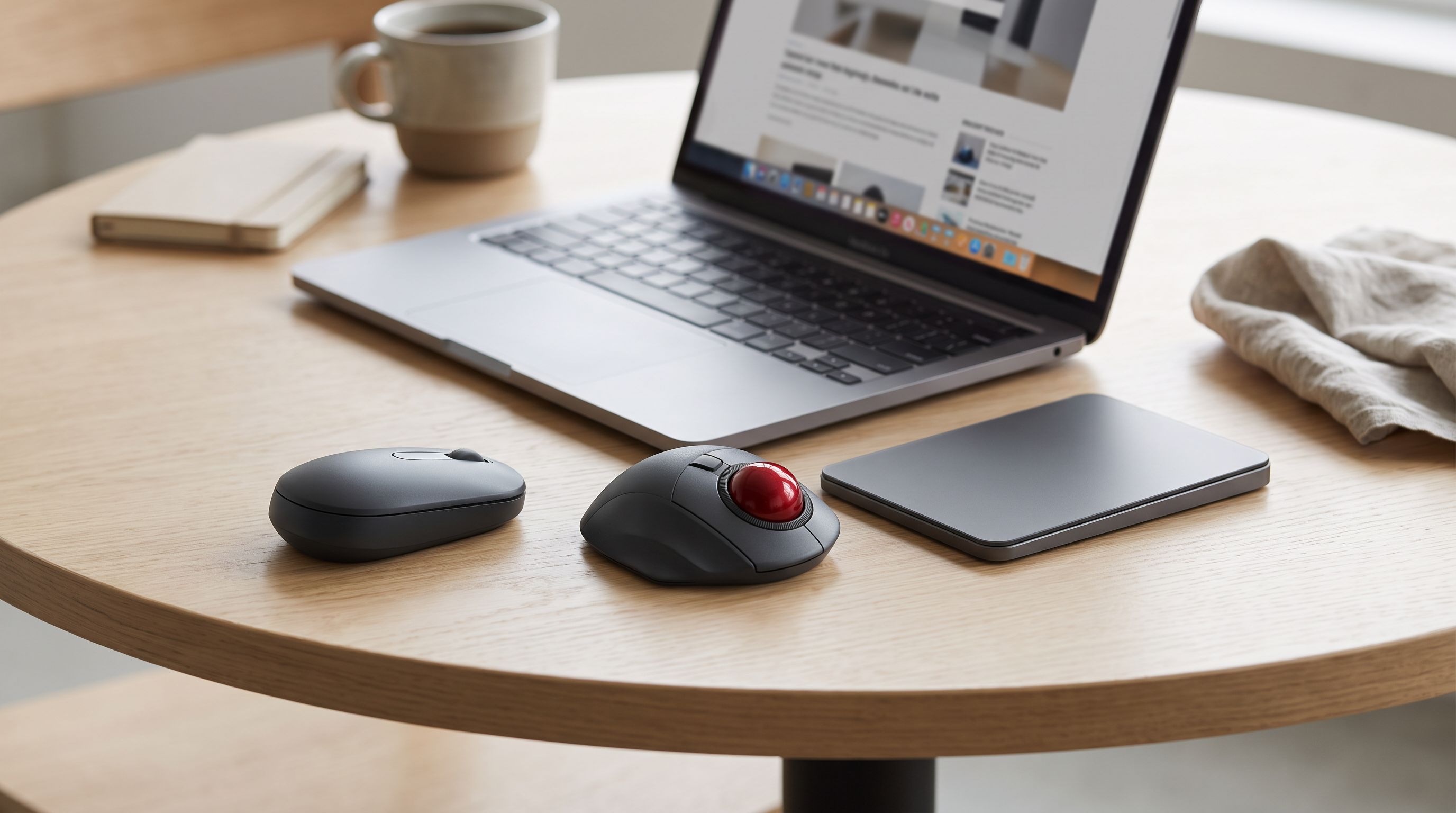 A compact wireless travel mouse, a thumb trackball and a portable trackpad arranged beside an open laptop on a café table