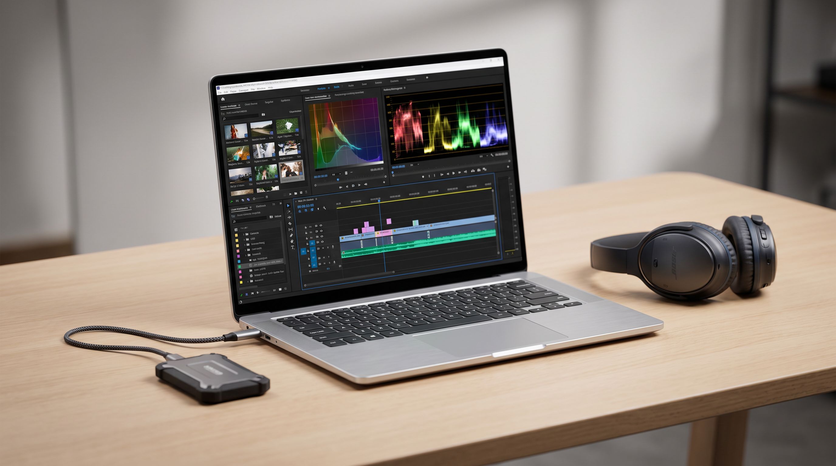 A thin creator laptop on a desk showing a 4K video editing timeline with colour scopes, next to an external SSD and headphones