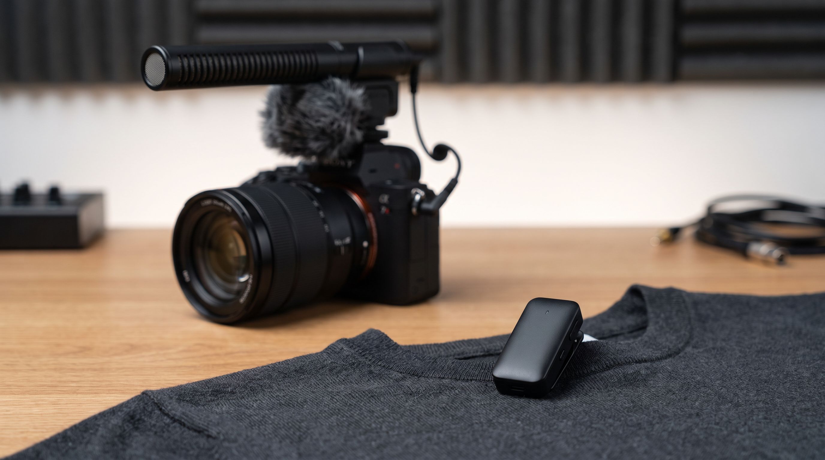 A compact wireless lavalier transmitter clipped to a creator's shirt beside a mirrorless camera with a shotgun microphone mounted on top
