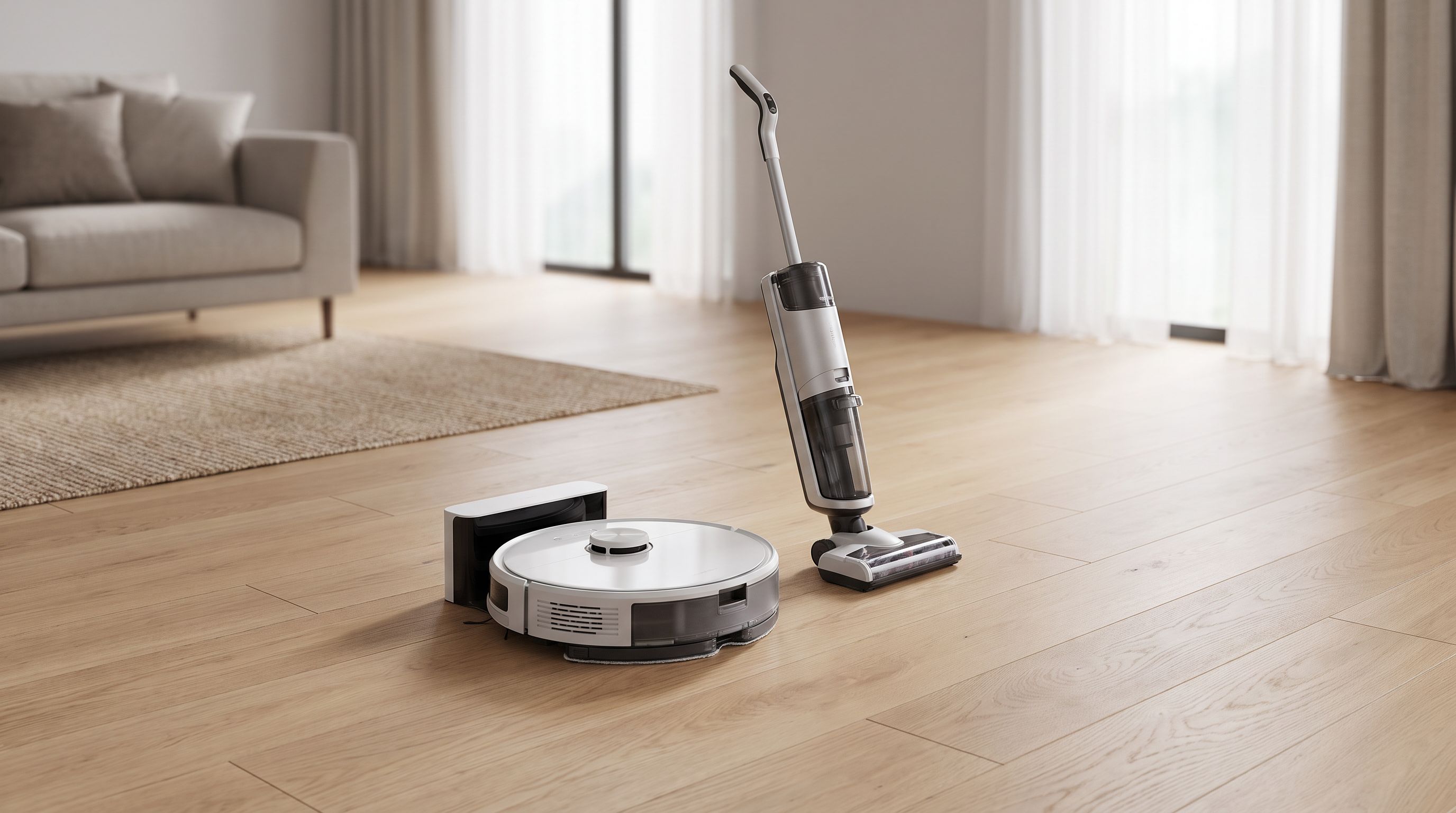 A robot vacuum-mop docked beside a cordless wet-dry stick vacuum on a light hardwood floor in a modern living room