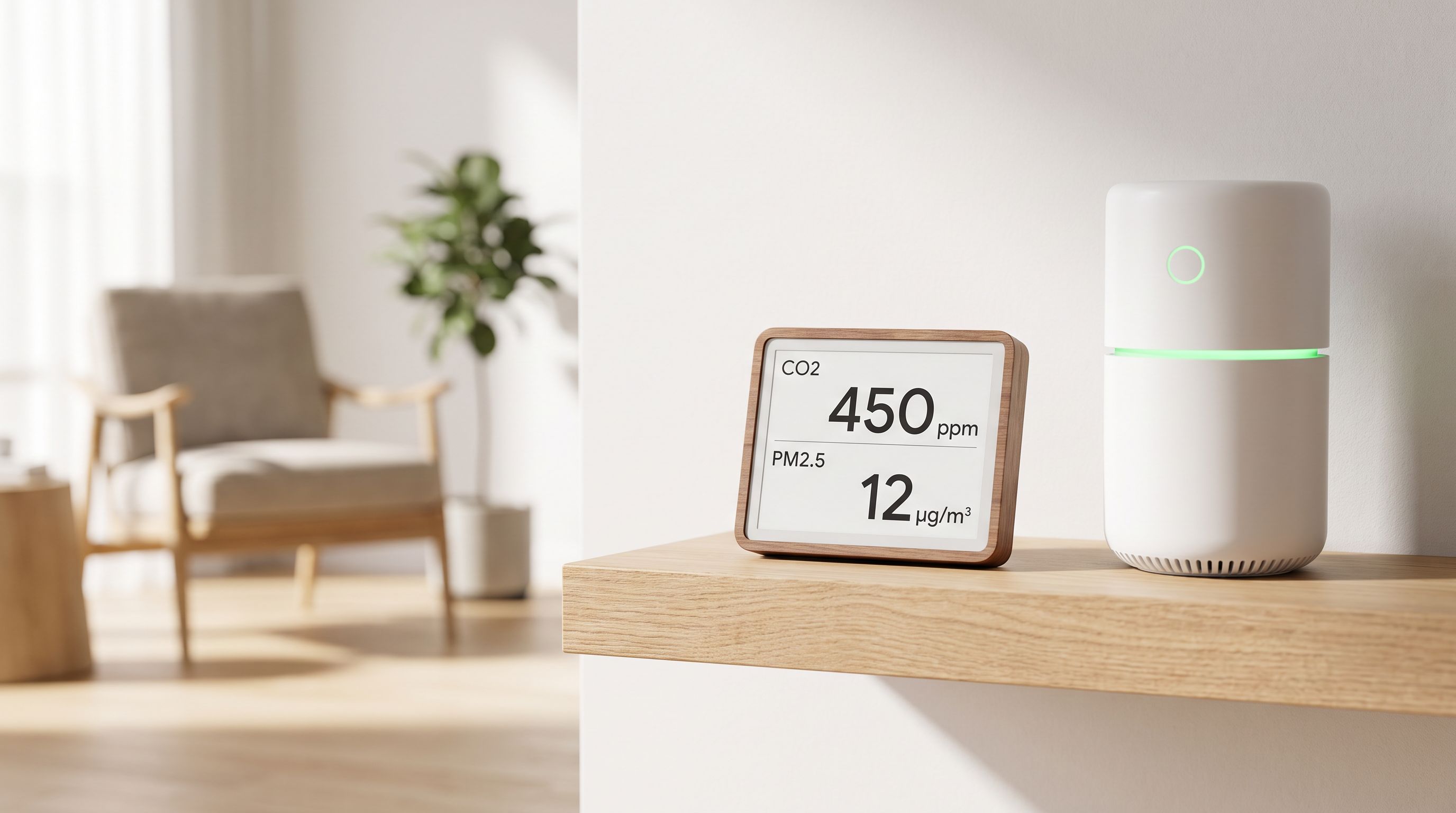 A desktop indoor air quality monitor with an e-ink display showing CO2 and PM2.5 readings, sitting on a shelf next to an air purifier in a living room