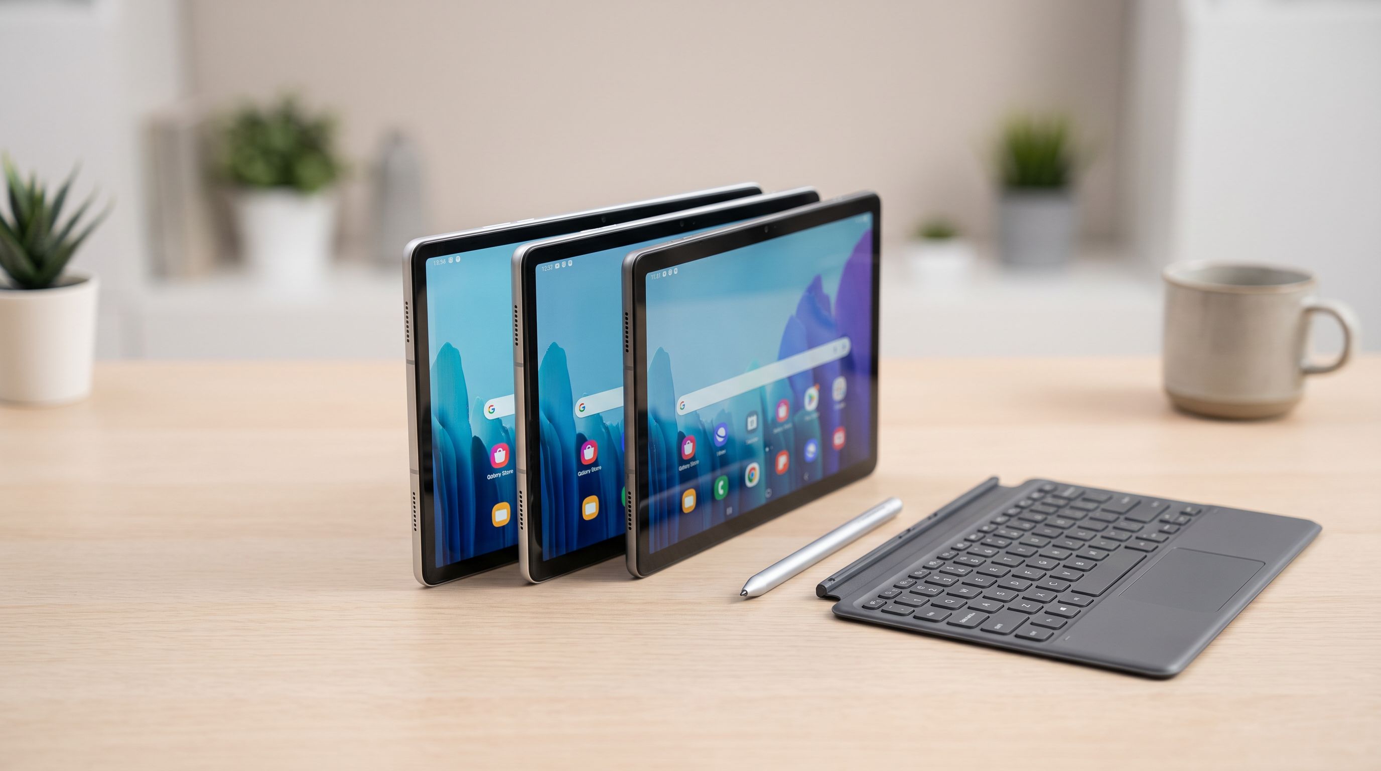 Three Android tablets fanned out on a desk with a stylus and detachable keyboard case beside them