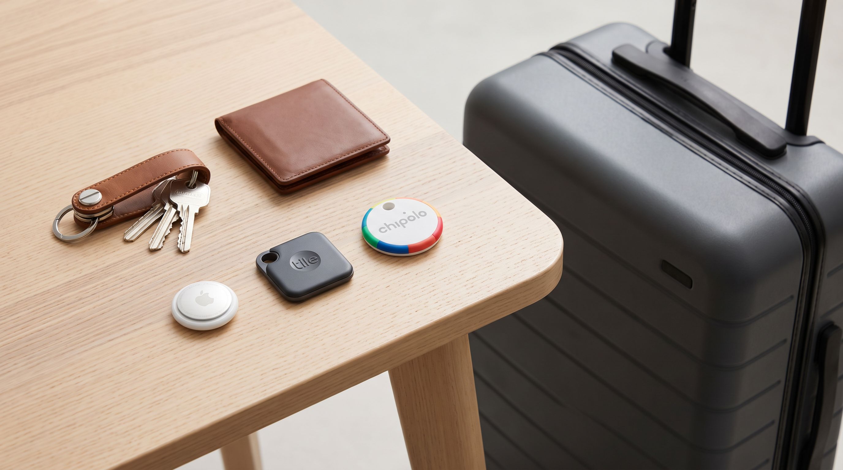 A set of Bluetooth item trackers — a round AirTag, a square Tile, and a Chipolo tag — arranged next to house keys, a wallet and a carry-on suitcase