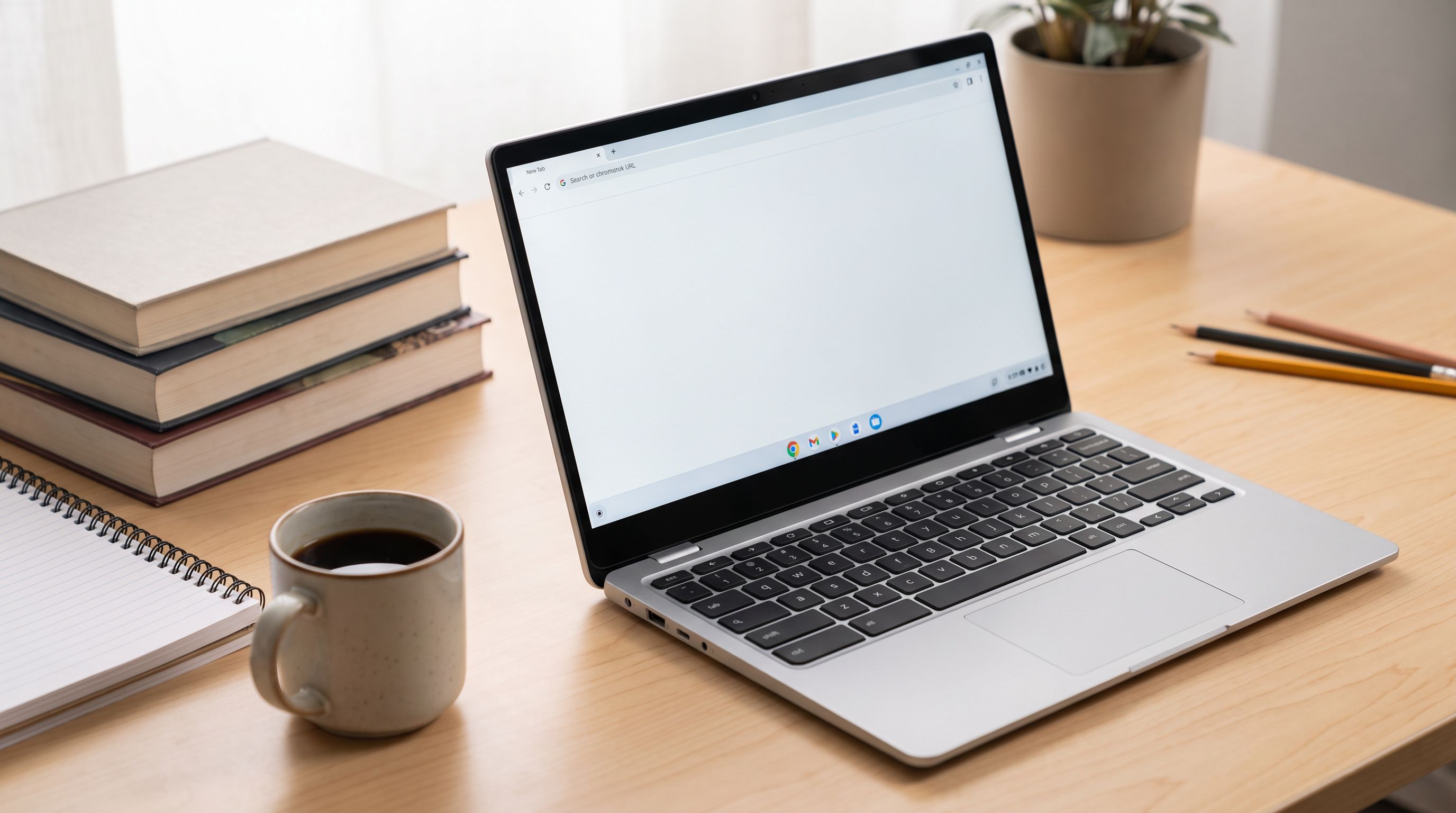 A silver Chromebook Plus laptop open on a dorm desk beside textbooks, notebook and a cup of coffee