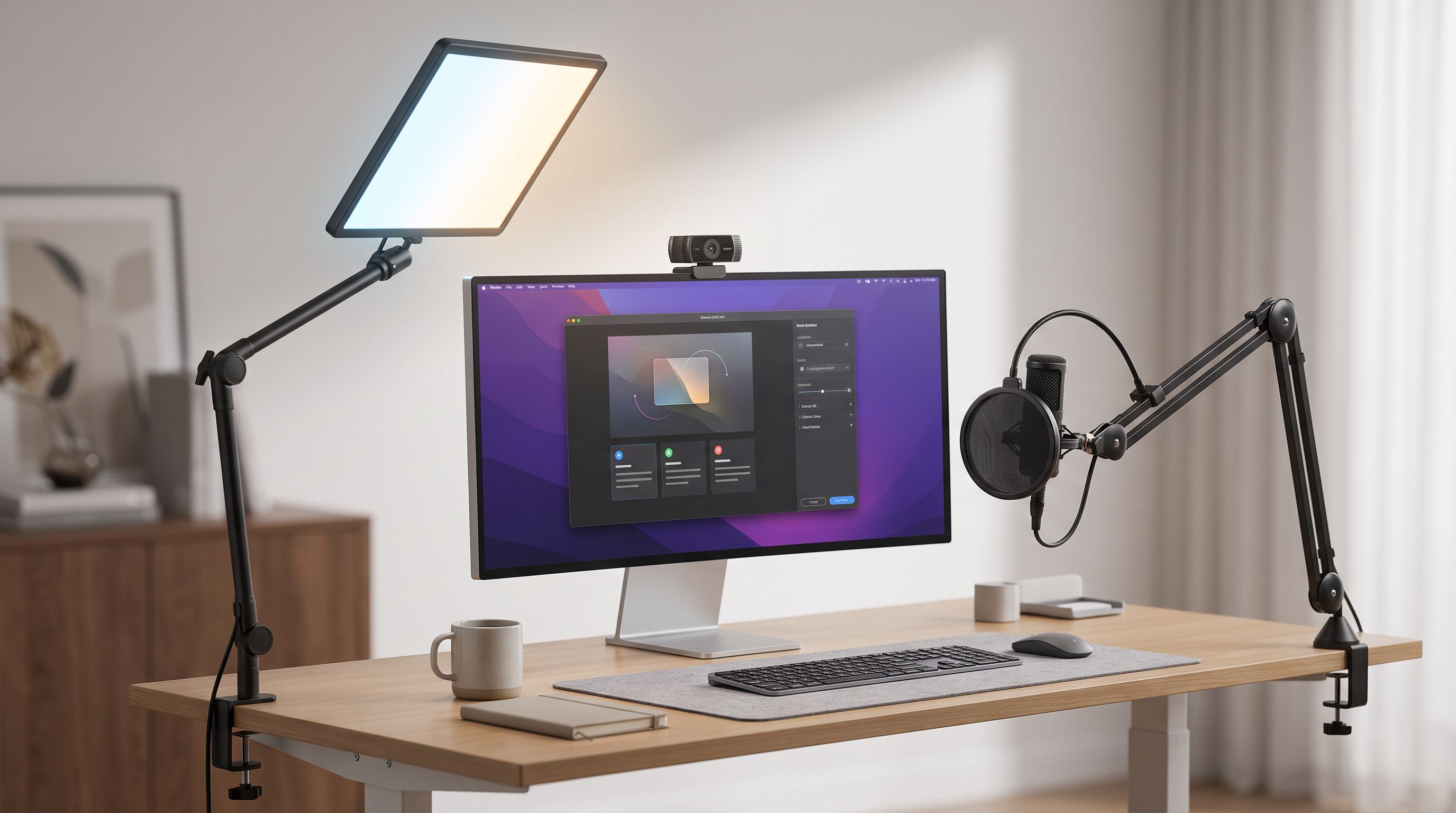 A desk streaming setup with a rectangular edge-lit LED key light on a clamp arm angled at a webcam, alongside a microphone and monitor