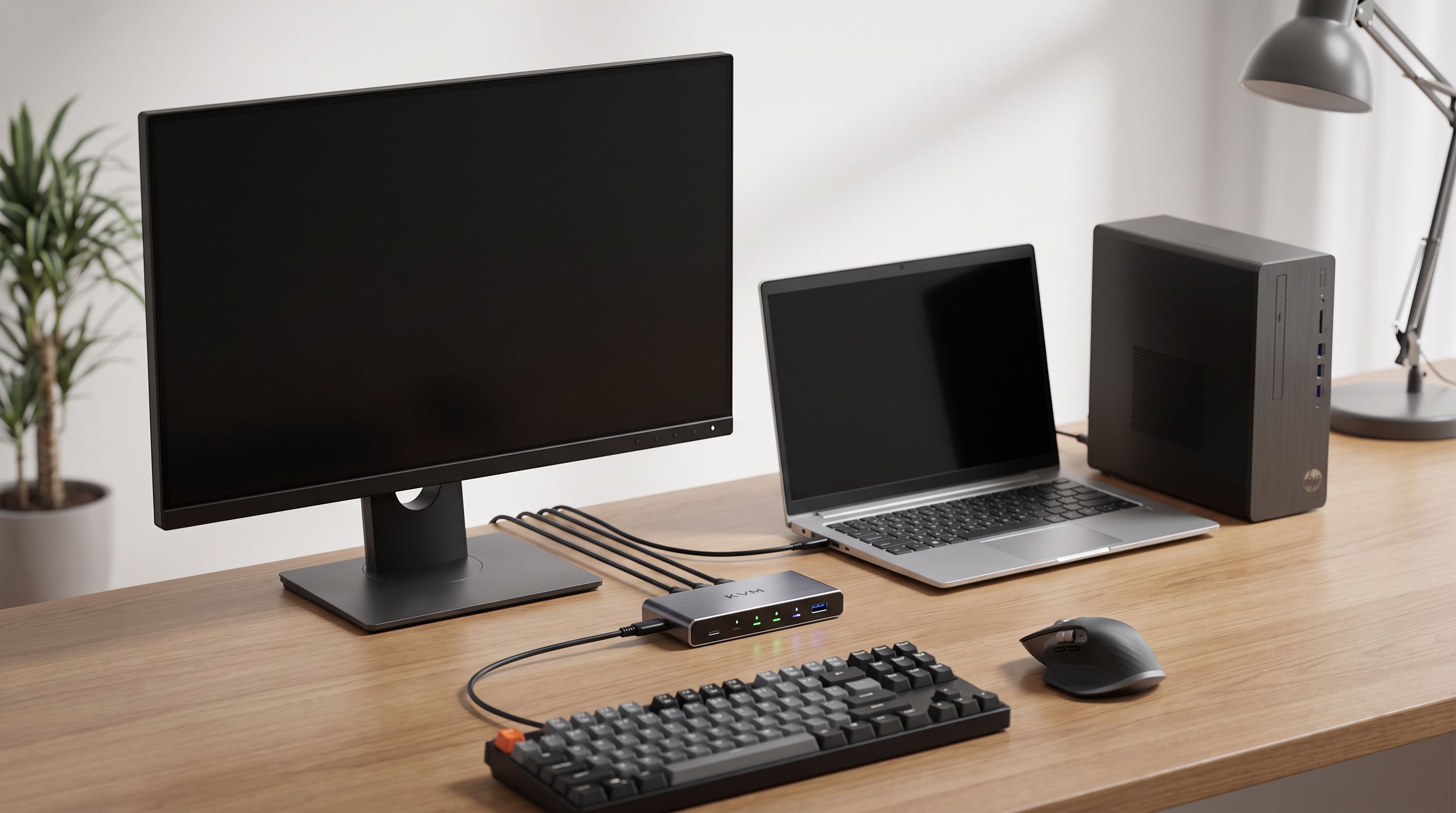 A desk with one monitor, keyboard and mouse connected to a KVM switch that links a work laptop and a desktop PC