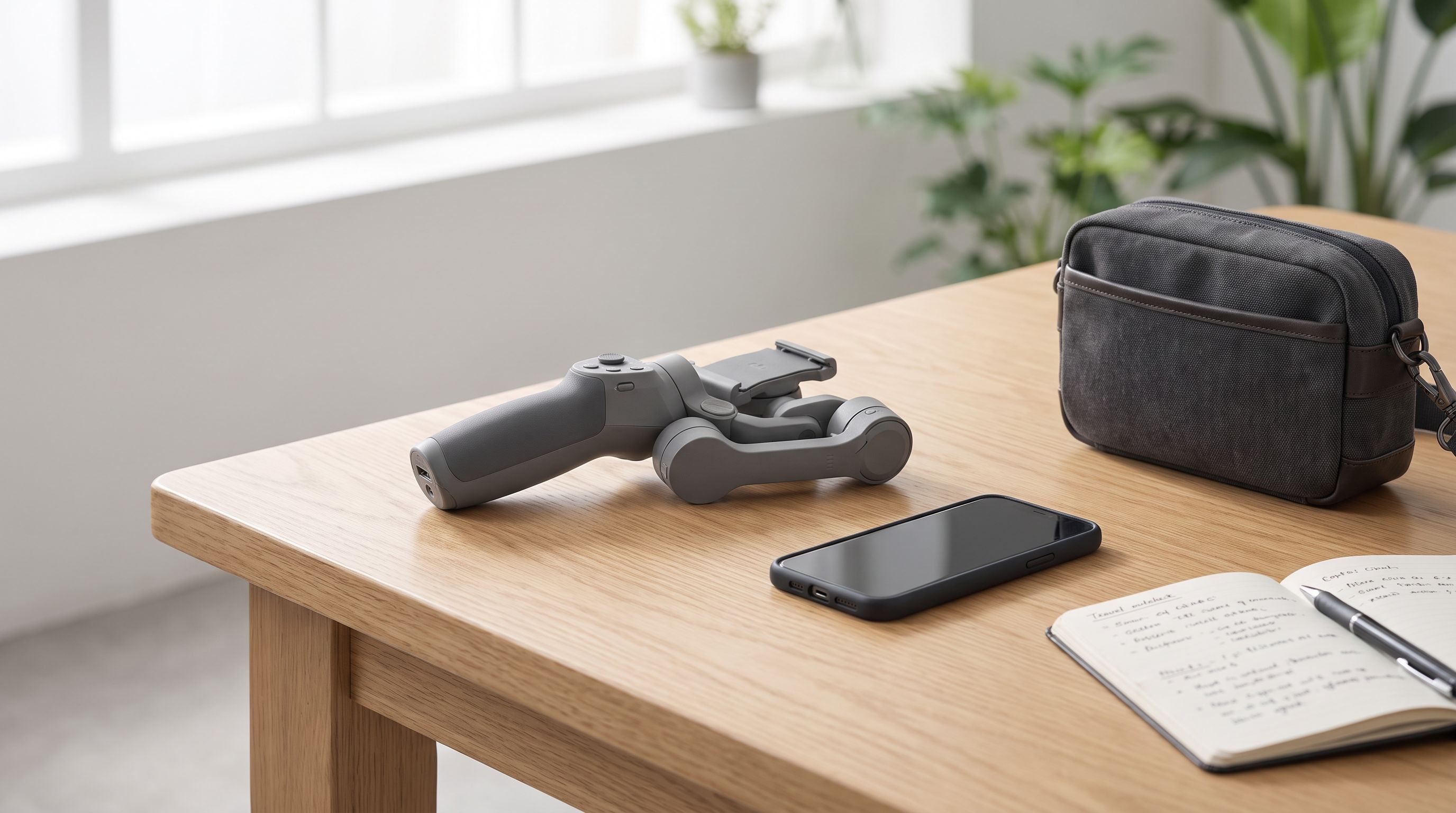 A folded three-axis smartphone gimbal resting on a table next to a phone, camera bag and travel notebook