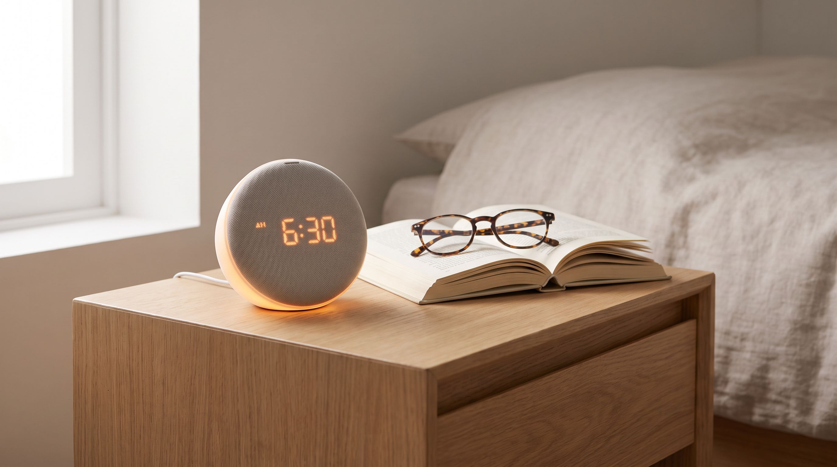 A bedside table at dawn with a smart alarm clock glowing warm orange next to a book and a pair of glasses