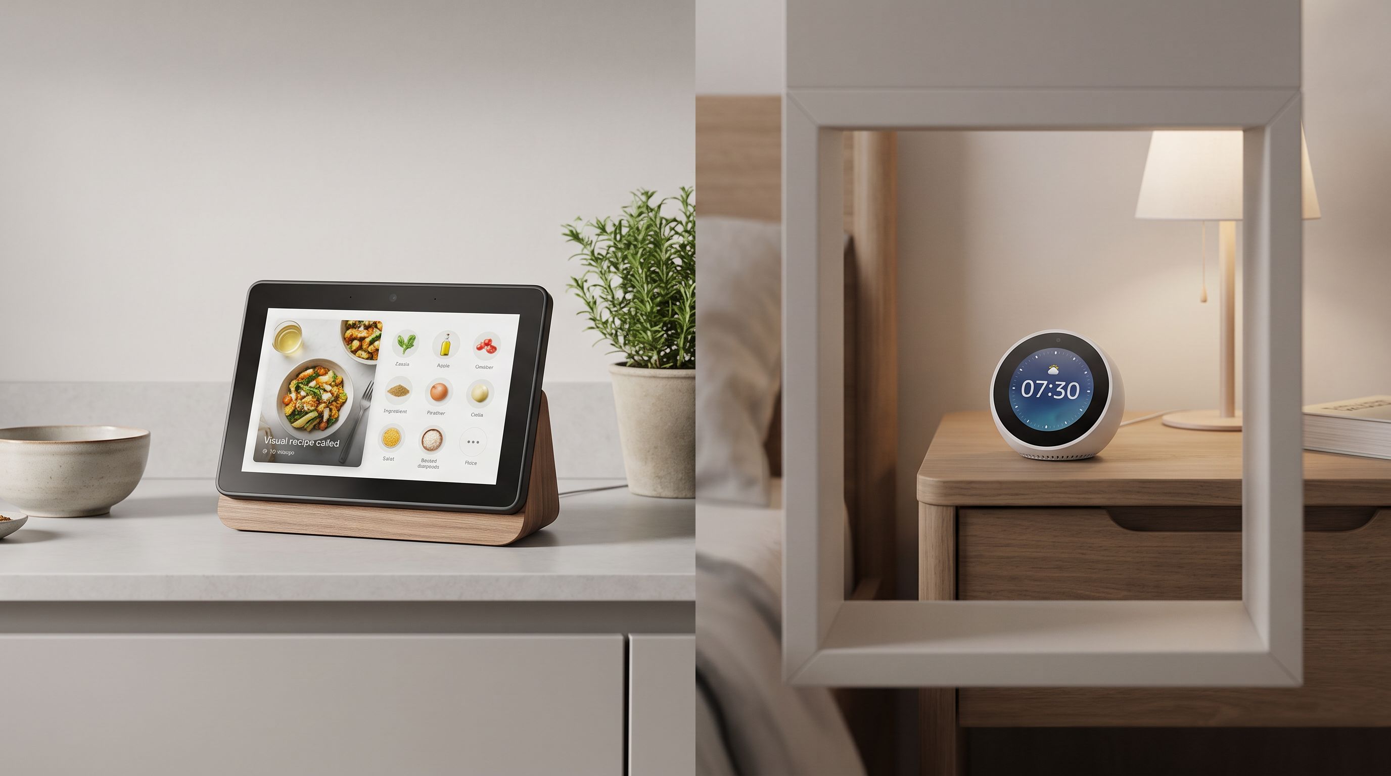 A smart display sitting on a kitchen counter showing a recipe, with a second smaller display on a bedside table showing a clock