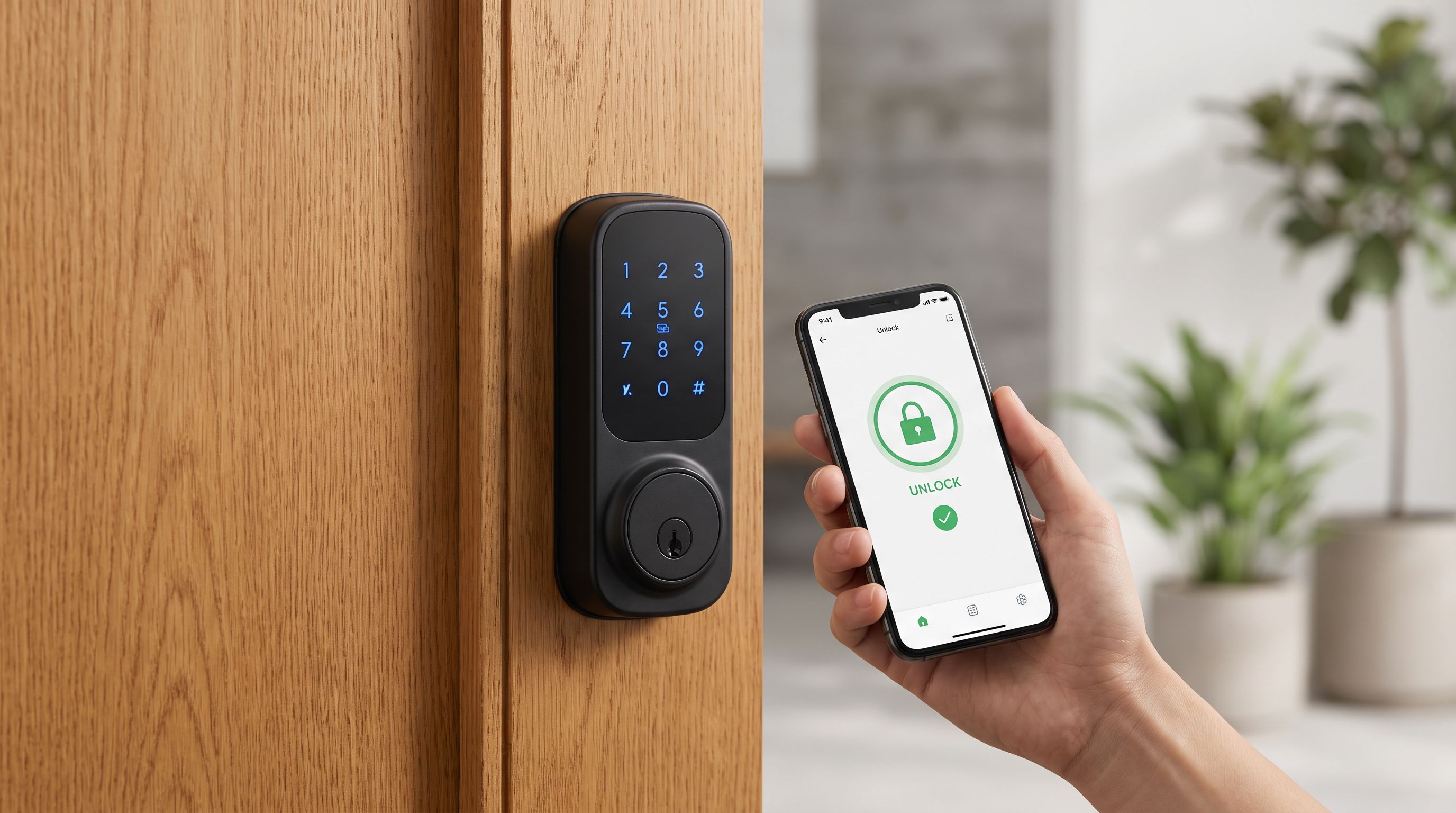 A modern black keypad smart lock installed on a wooden front door, with a smartphone showing the unlock app held nearby