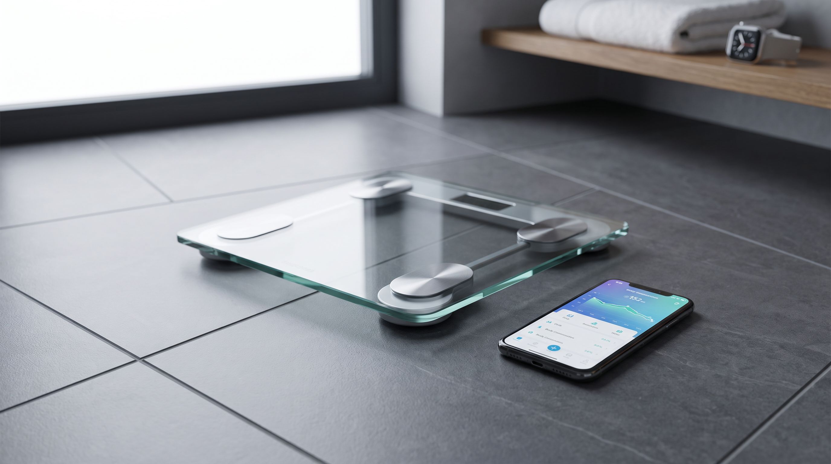 A modern glass smart bathroom scale on a tiled bathroom floor with a smartphone showing a body composition app beside it